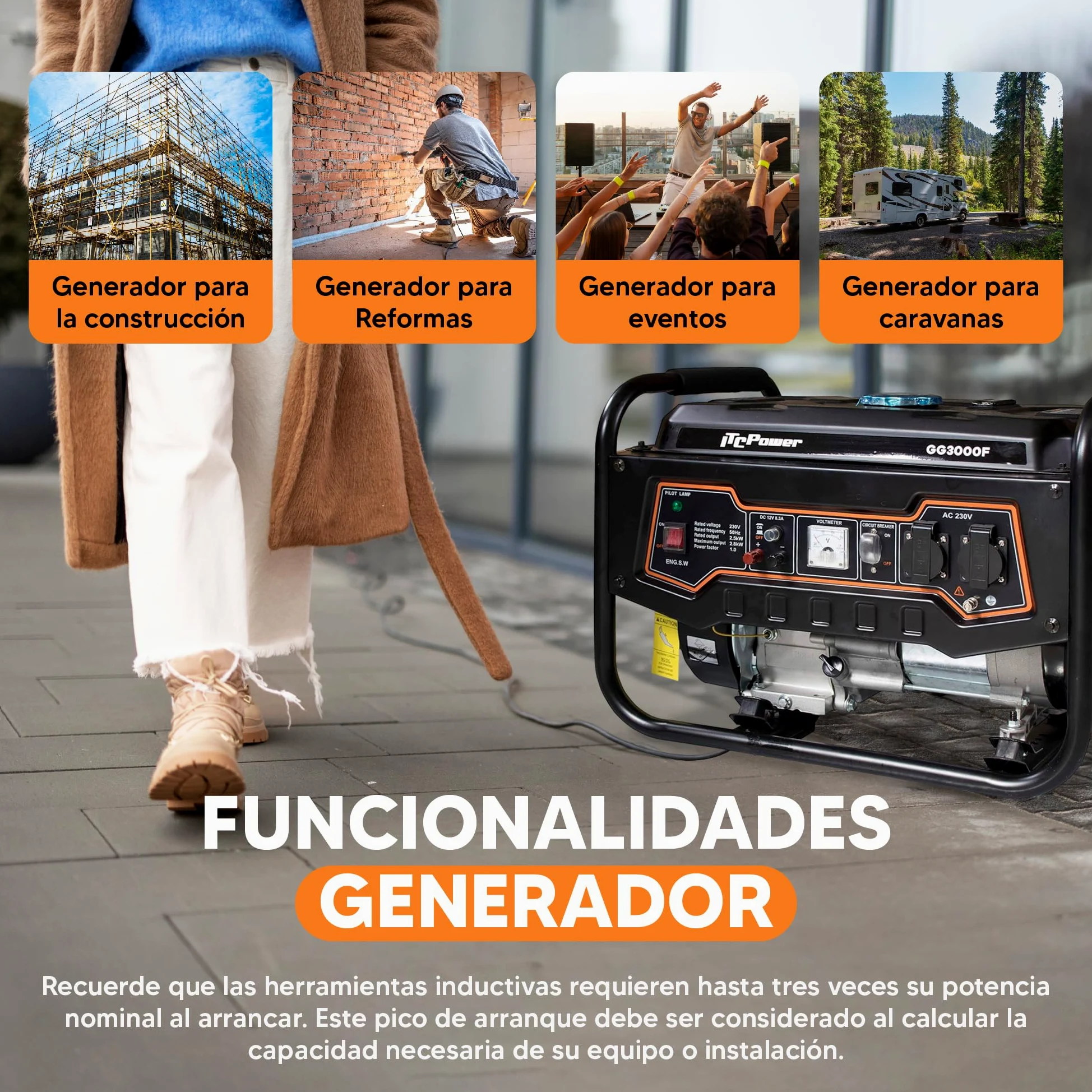 ITCPower Generador Gasolina Silencioso 2,8KW para Emergencias Domésticas - Generador Eléctrico Portátil 230V para Herramientas y Camping - Generador 4 Tiempos con Gran Autonomía y Bajo Ruido
