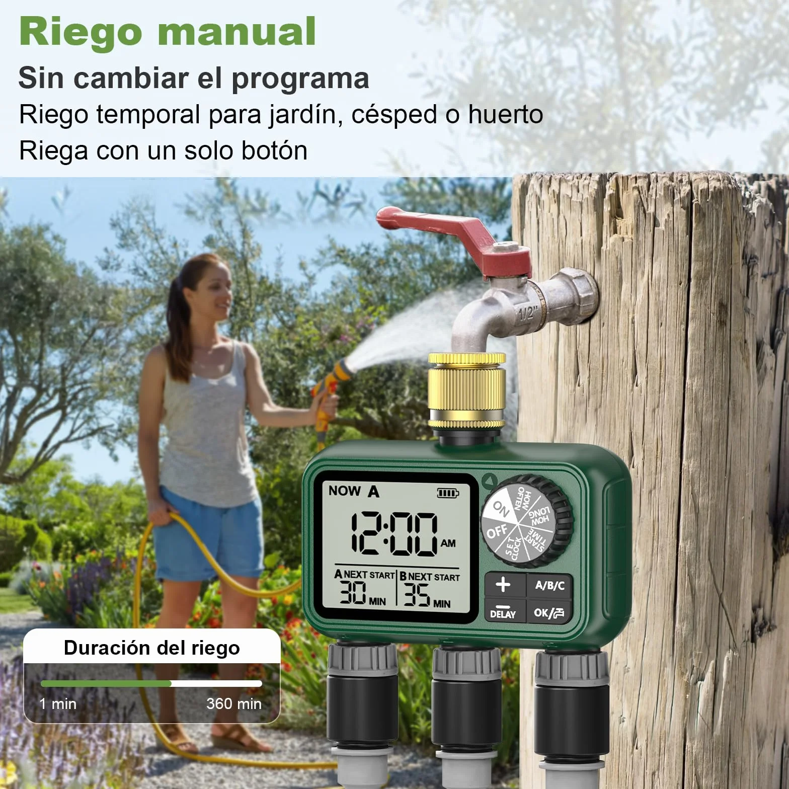 Programador Riego 3 Salidas con Entrada de Latón, Pantalla LCD Grande, Temporizador de Riego Automatico con Retraso por Lluvia, Riego Automático/Manual, Programador de Riego para Jardín Césped