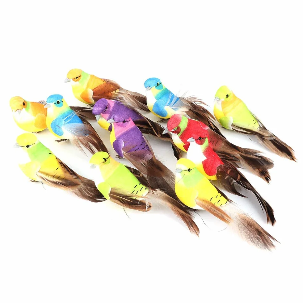 HERCHR Lote de 12 Pájaros Artificiales de Espuma con Plumas, Decoración Multicolor para Jardín, Bodas y Manualidades