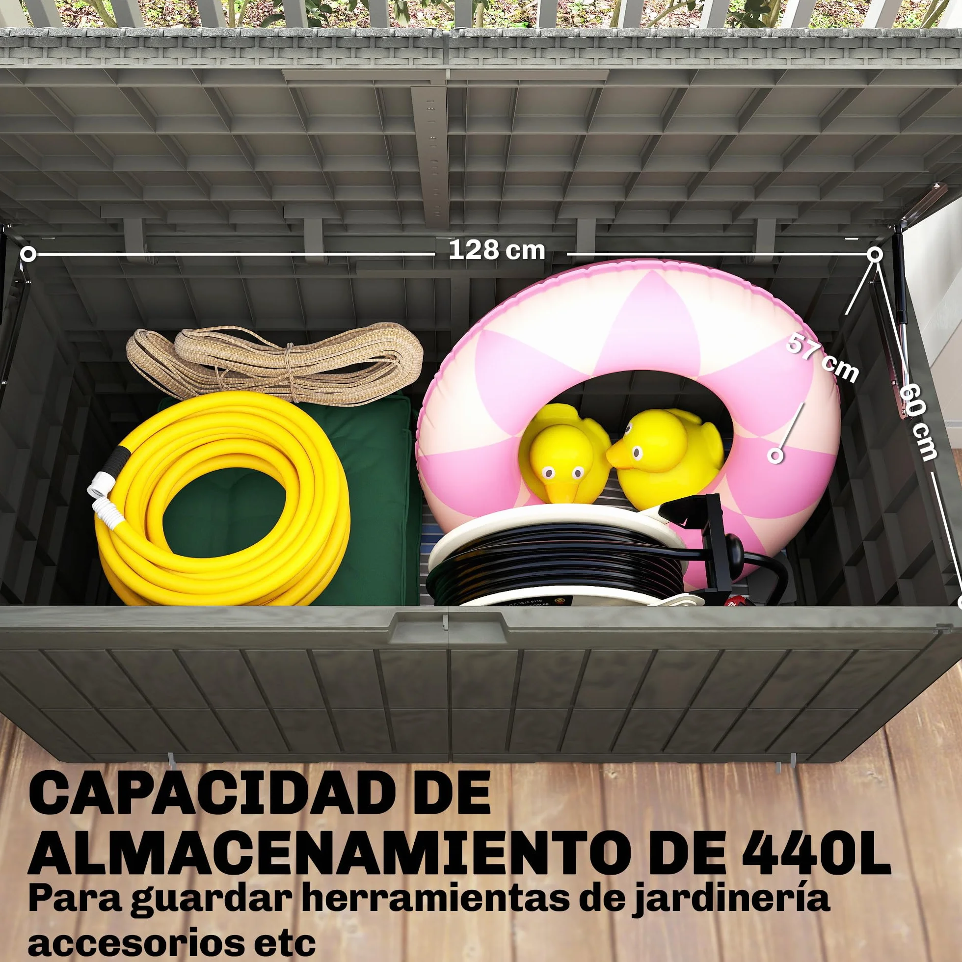 Outsunny Arcón Exterior Capacidad 440L, Baúl de Almacenaje Exterior de Resina Resistente al Agua y a los Rayos UV, con Tapa Bloqueable, Barras de Gas, Asas Laterales, para Jardín, 133x62x65 cm, Café