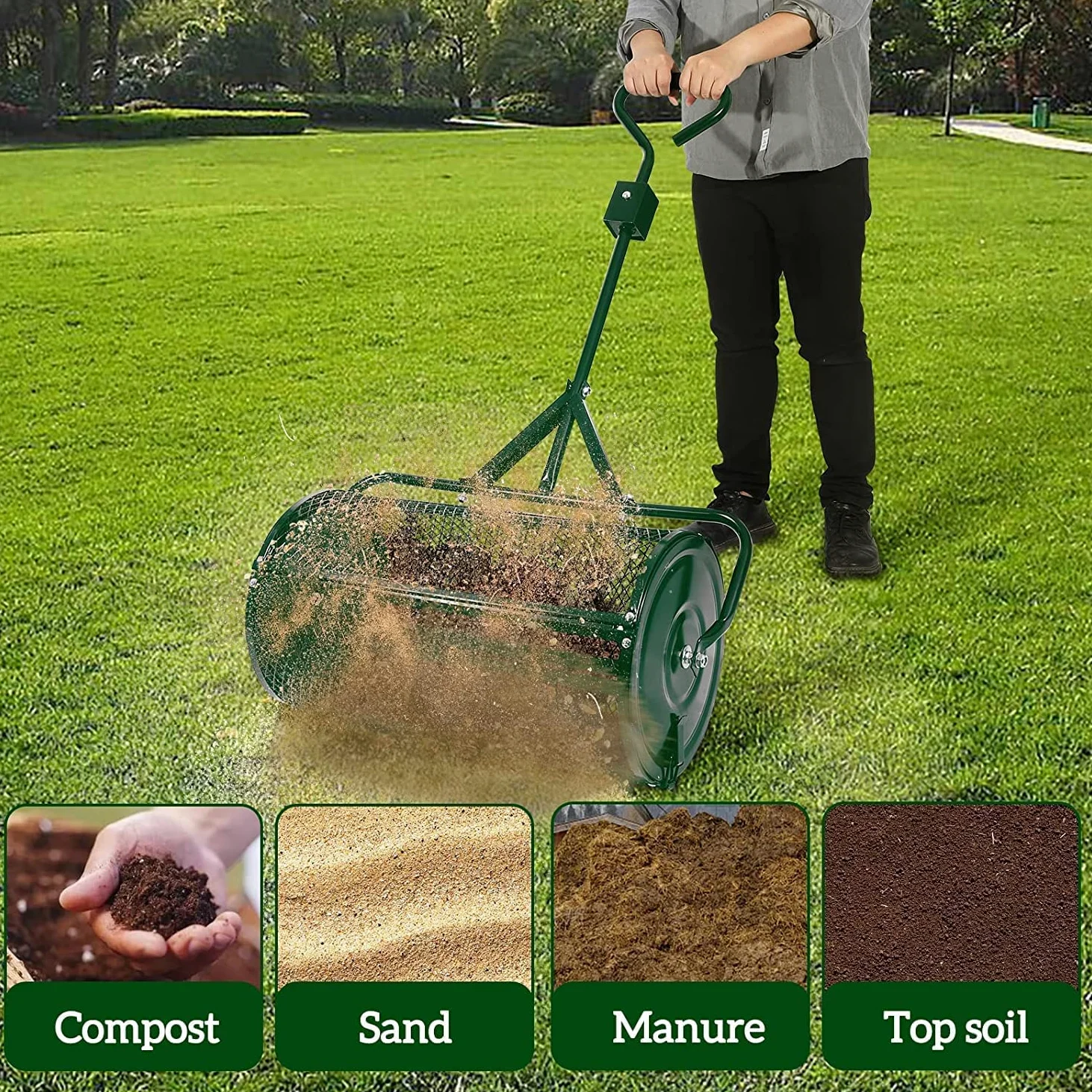 Esparcidor de abono con Mango Mejorado en Forma de T para siembra de turba y Tierra Vegetal Esparcidor de estiércol Multiusos Rodillo