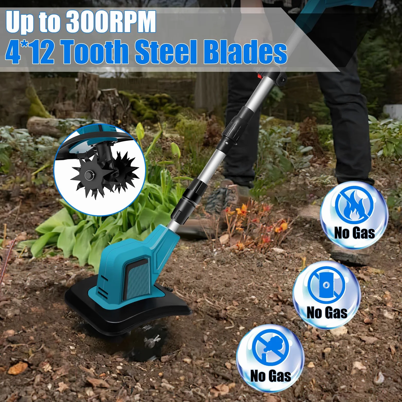 Motoazada Eléctrica Inalámbrica 500W Brushless, Motocultor a Batería con 2X 4.0Ah, Cultivador de Jardín con 4 Fresas de Acero (Ancho 20cm/Prof 15cm), Mango Ajustable, para Huerto y Aflojar Tierra