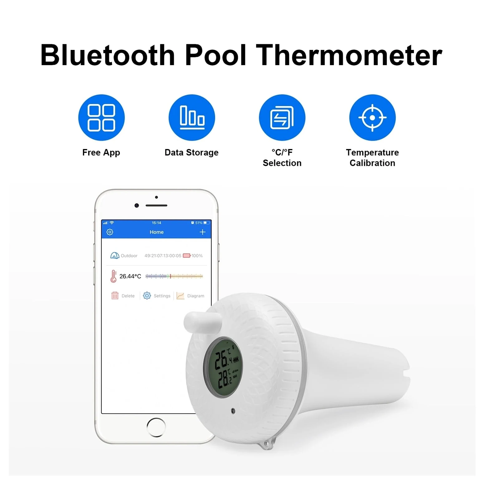Termómetro Flotante inalámbrico for Piscina, IPX7, Digital, Resistente al Agua, for estanques, acuarios, jacuzzis y Piscinas.(Wireless Version)
