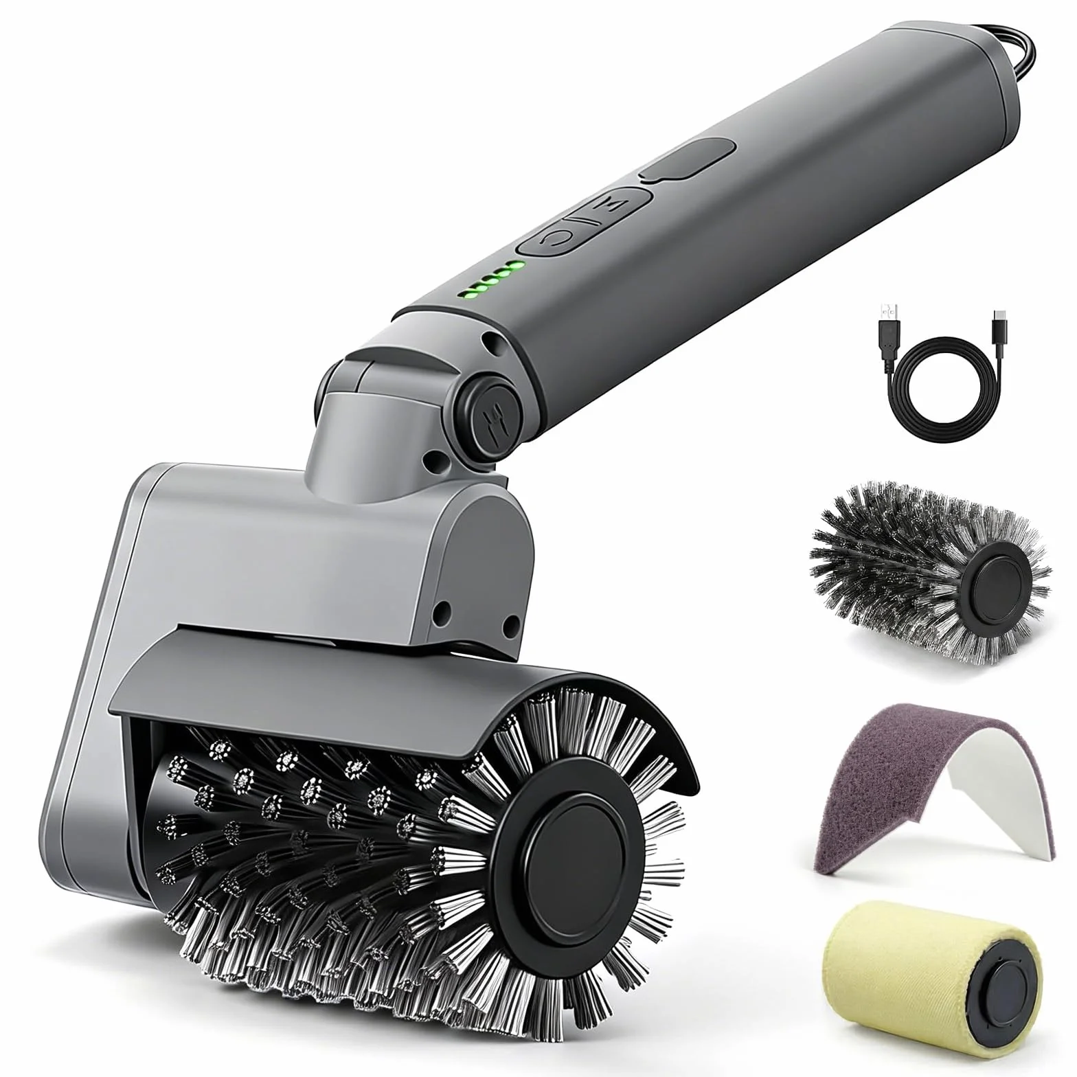 Kit de Cepillo Eléctrico para Barbacoa 3 en 1 – Limpiador de Parrilla Inalámbrico con Cabezales de Metal Reforzados – 2 Horas de Batería, Impermeable y Apto para Lavavajillas – Color Gris Claro