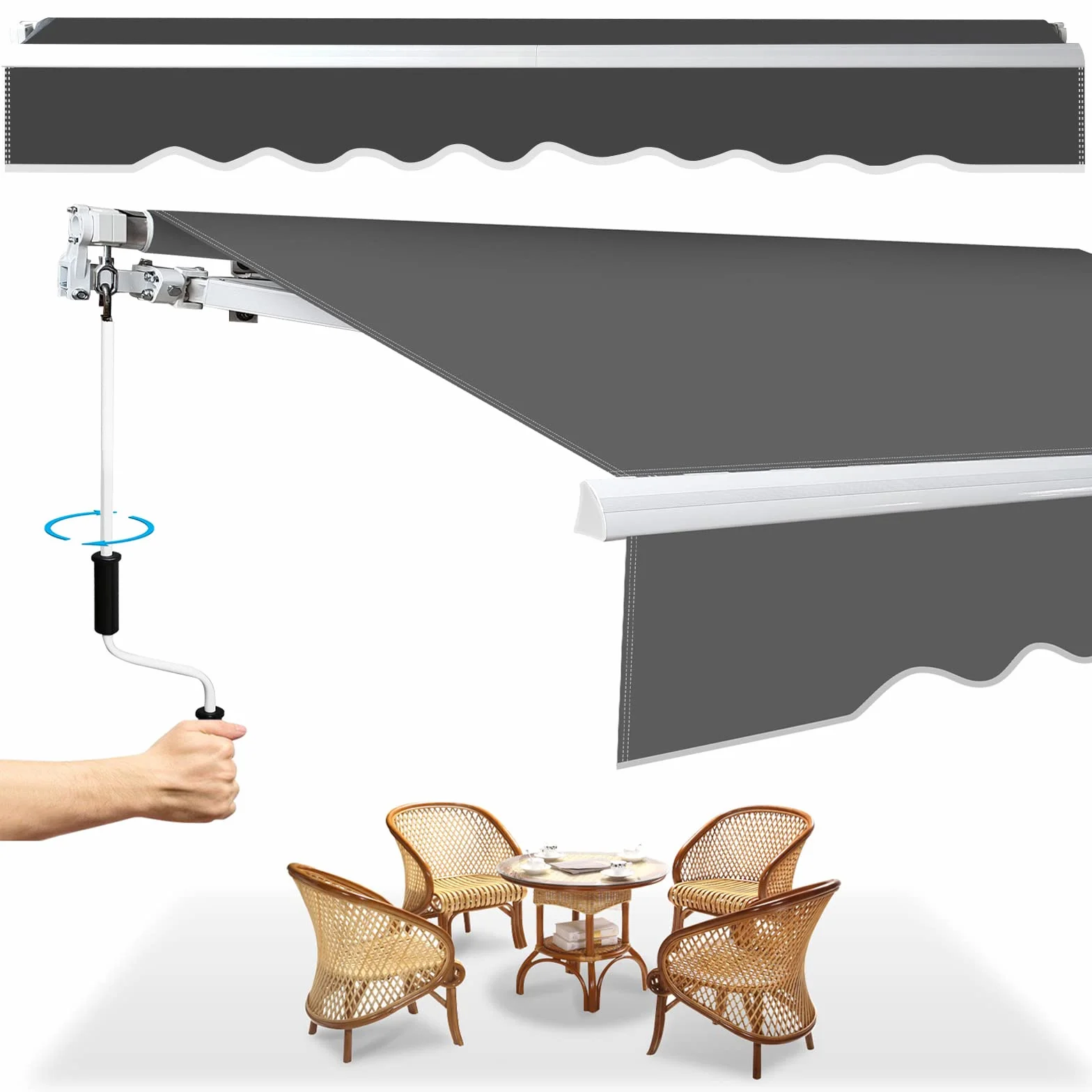 Herrselsam Toldo con brazo articulado, 300 x 250 cm, toldo retráctil con manivela, protección solar contra el agua, ángulo ajustable hasta 30 grados, requiere montaje, incluye soporte de pared, color