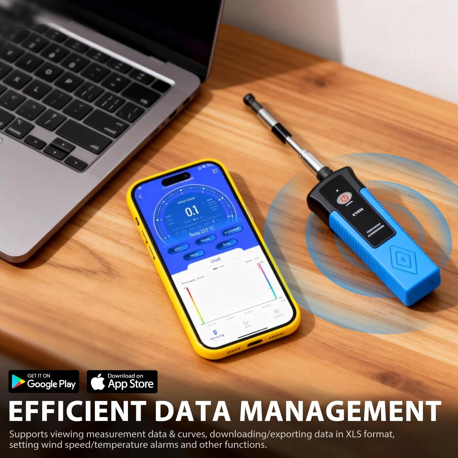 Anemómetro de cable caliente de mano con aplicación Bluetooth, sonda telescópica, medidor CFM de flujo de aire mide velocidad de maleza de 1 a 89.5 mph, baja velocidad de flujo, temperatura