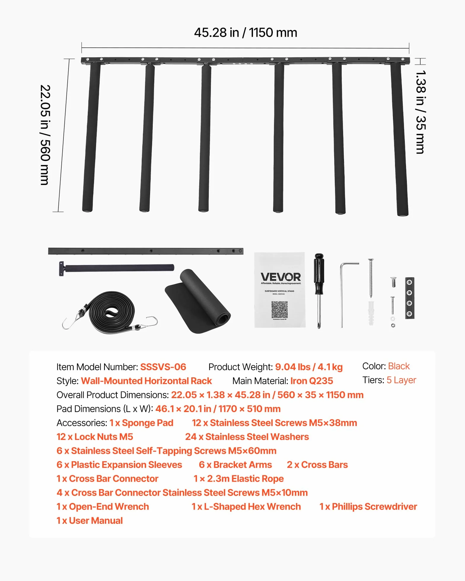 VEVOR Soporte de Pared para Tablas de Surf de 5 Niveles, Organizador Ajustable Negro