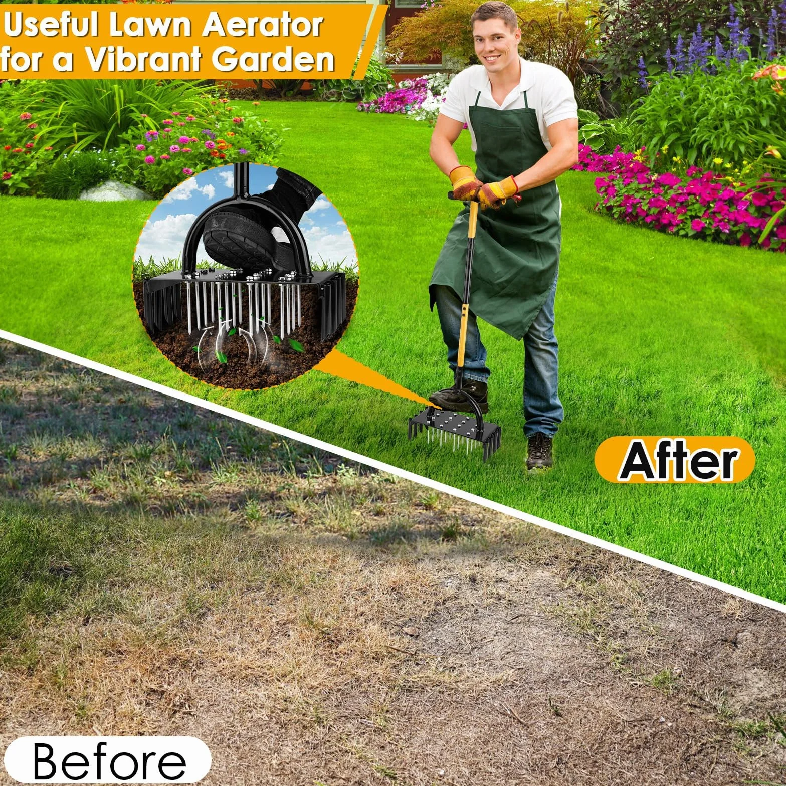Aireador Herramienta de césped, 96 cm Aireador Cesped Escarificador Cesped Manual, aireador de Tierra Manual con Mango en T con 17 Picos de Acero sólido de 9 cm para airear césped, Patio, Suelos