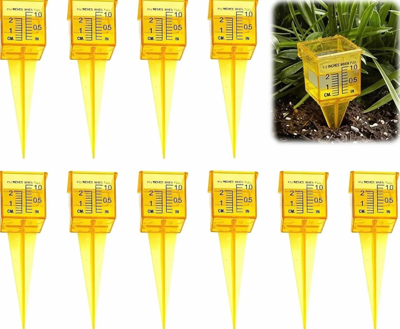 Pluviómetro de 1,5 pulgadas para exteriores con gran apertura, medidor de agua de plástico transparente para césped y jardín, medidor de lluvia de color amarillo brillante, 10 unidades