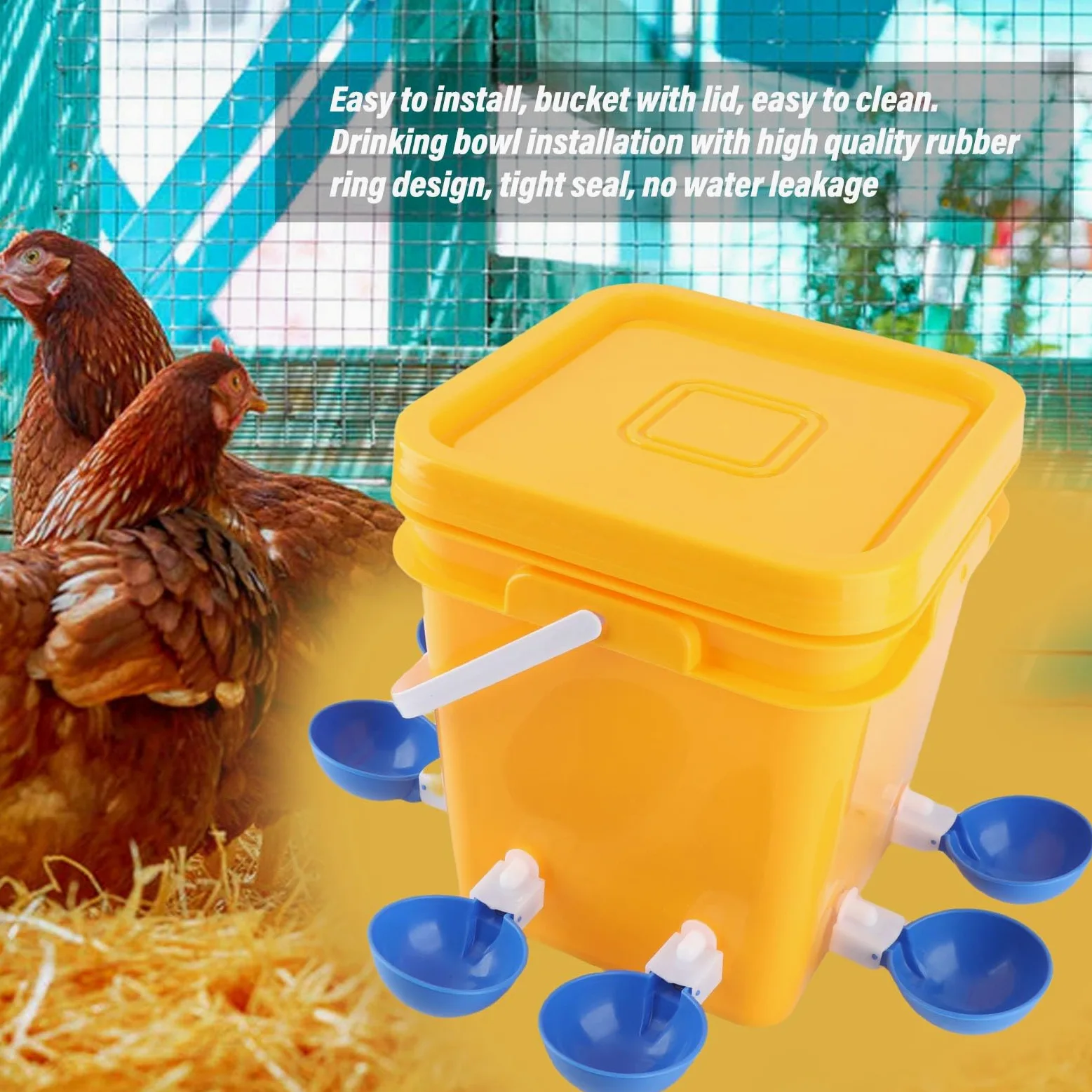 Generic Comedero de Agua para Aves de Corral con Llenado Automático de 12L y Vasos para Beber, Equipo Limpio y Práctico para Propietarios de Pollos (Cubo + Tazón Azul Grande + Tornillos Negros)