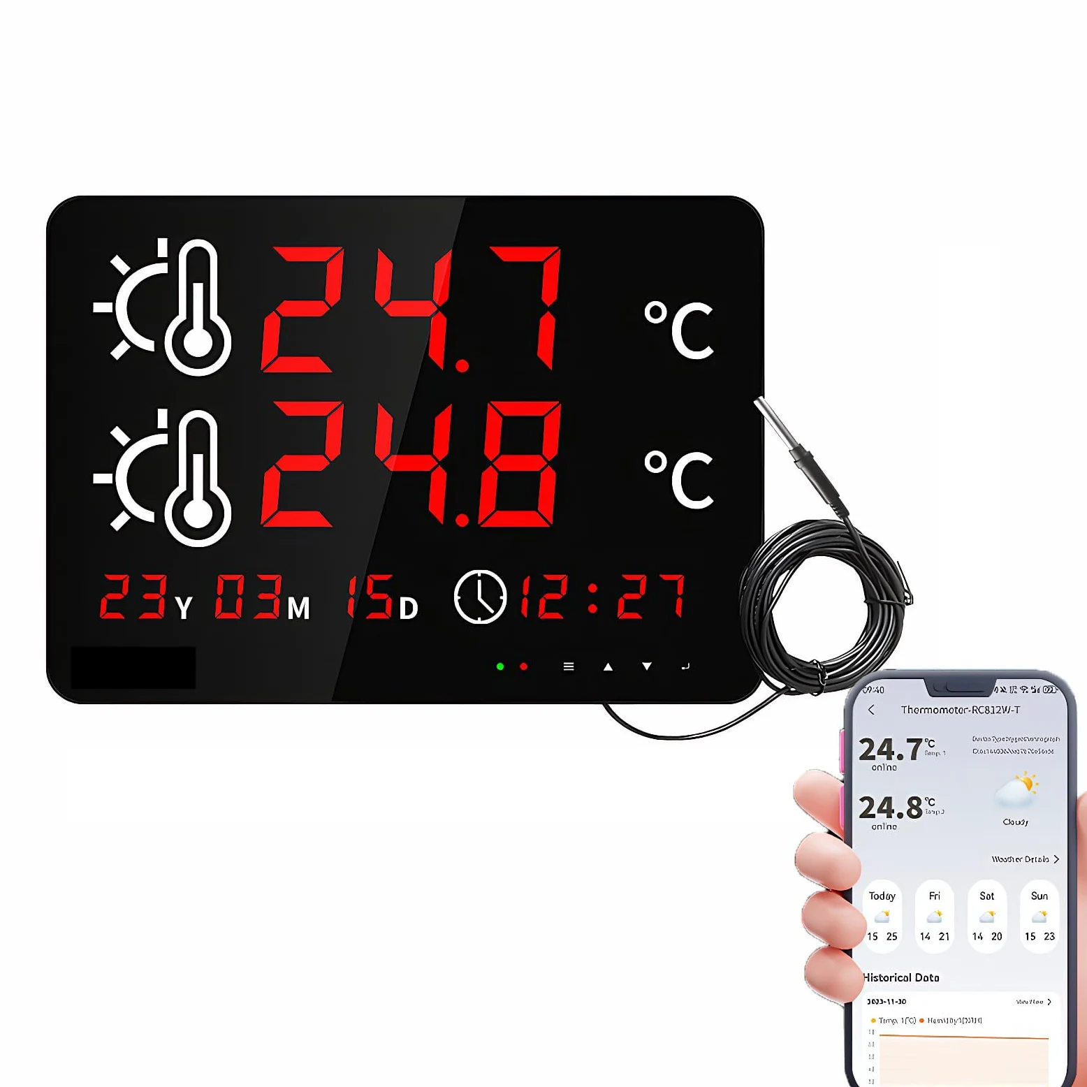 Mengshen WiFi Termómetro Digital con Sonda Impermeable para Acuarios Piscinas y Peceras Con Pantalla Dual de Temperatura y fecha y Monitor Remoto Tuya APP