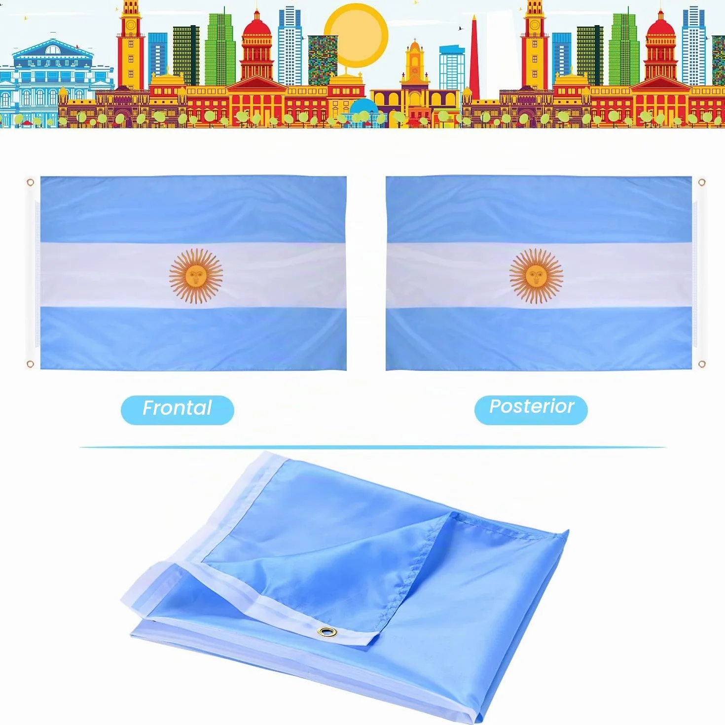 AhfuLife Bandera de Argentina 90cm x 150cm, 1 Pieza Bandera Argentinas con Agujeros de Latón en Ambos Lados, para Decoraciones de Fiestas, la Copa del Mundo, Fútbol, Día Nacional, Jardín, Calle