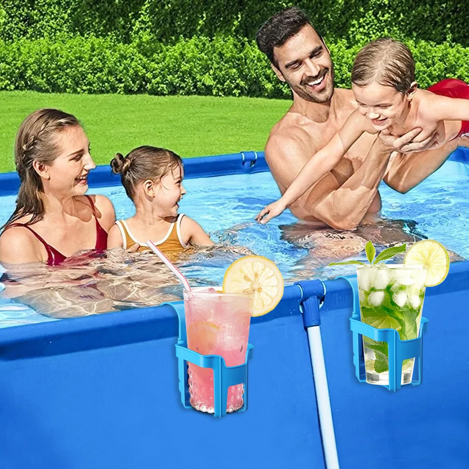 4 soportes para bebidas para piscina, soporte para colgar vasos de agua, soporte multifuncional, accesorios para piscina, sin derrames, soporte para bebidas de plástico (azul)