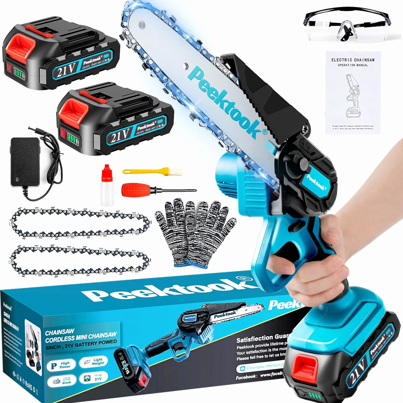 Motosierra Eléctrica 6 Pulgadas 1000W Sin Escobillas 4000mAh Batería 2 Cadenas Inalámbrica Portátil