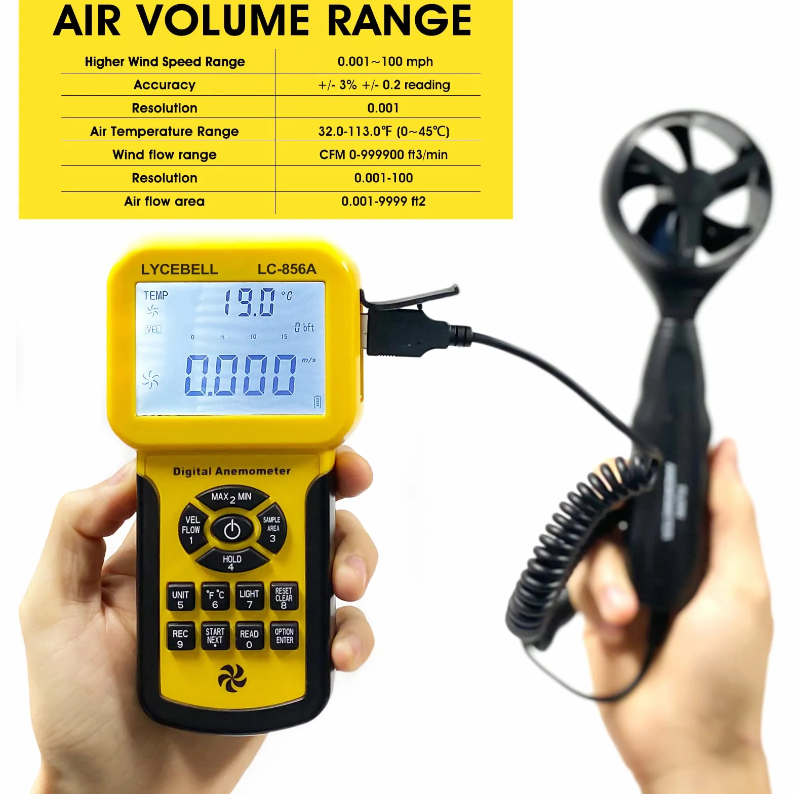 Anemómetro Digital de Mano, LC-856A CFM Medidor de Velocidad del Viento, Temperatura y Flujo de Viento, con registro de Datos 600 y Puerto USB, para HVAC Navegar Cometa Surf Pescar