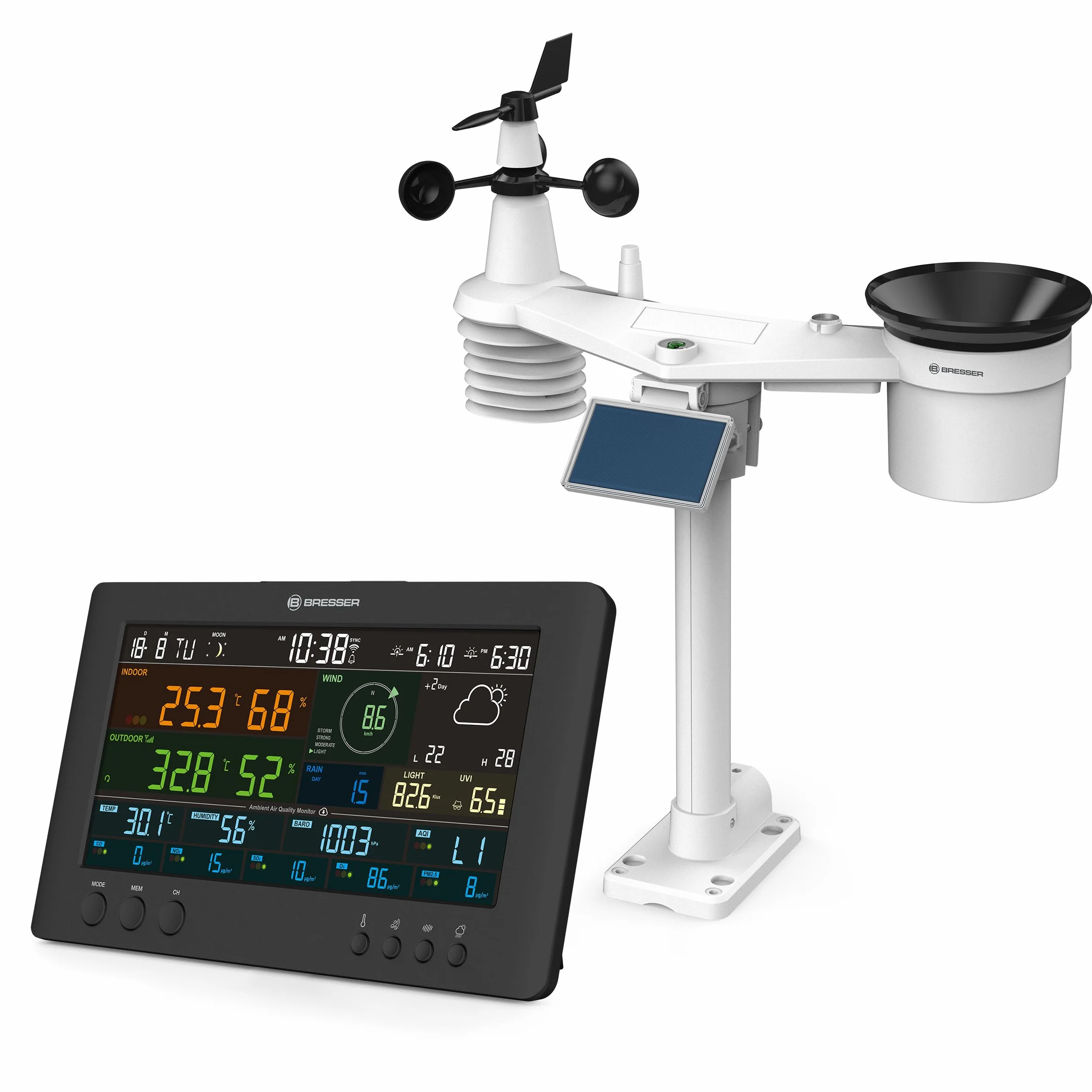 Bresser 7-in-1 Wetter Center Air-Mon: Wetterstation with WLAN, Luftqualitätsmonitor, App, Farbdisplay, 7-Tage-Vorhersage, Thermo-Hygrosensor, Barometer, UV-Level, Komfortlevel-Ampel | Temperatura interior y exterior, humedad, pluviómetro, anemómetro, prev