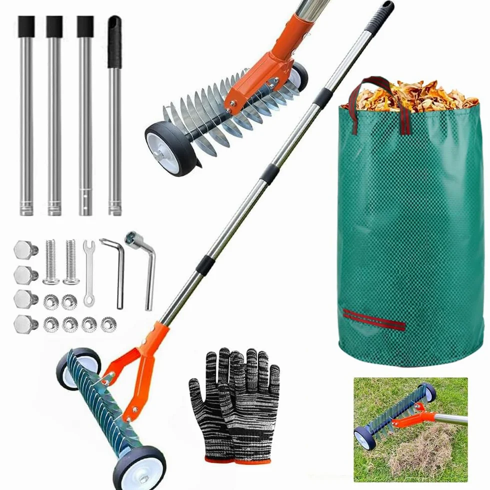 Escarificador Manual con Ruedas, Mango Ajustable 165 cm, Bolsa para Residuos, Jardín