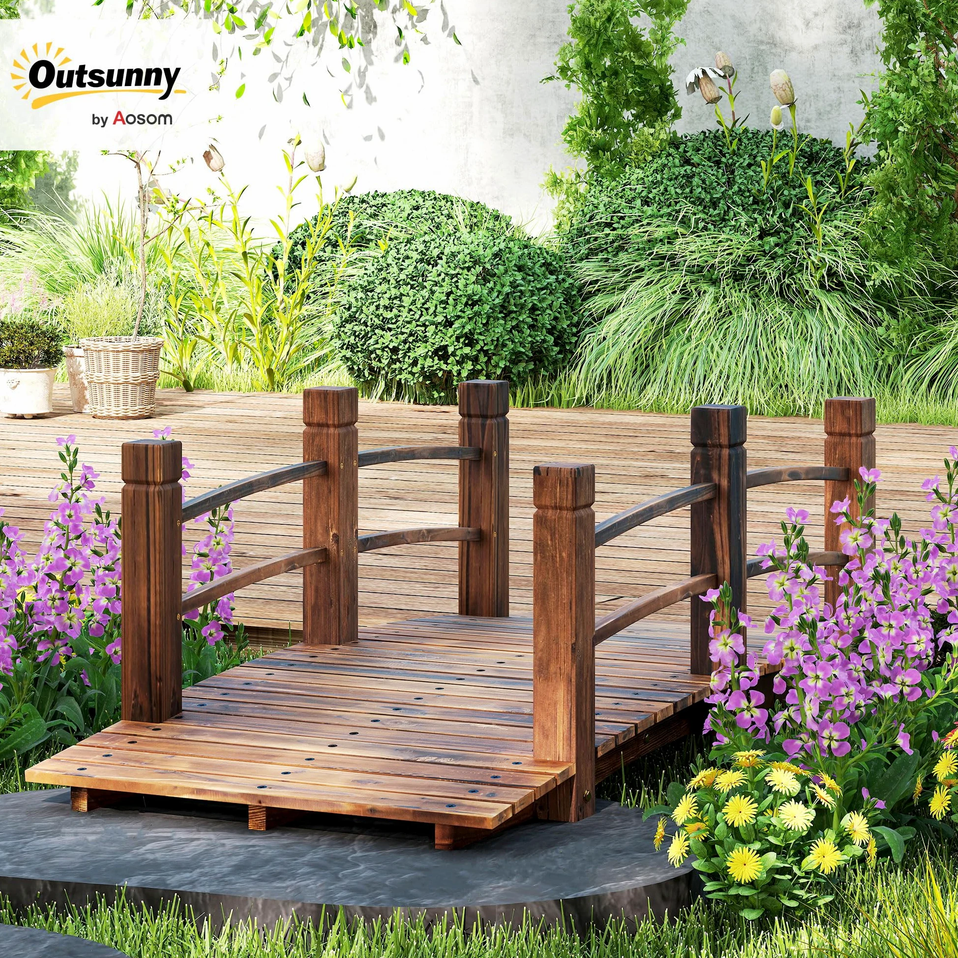 Outsunny Puente de Jardín Madera Carbonizada 152,5x67x48 cm Carga 181 kg Decorativo