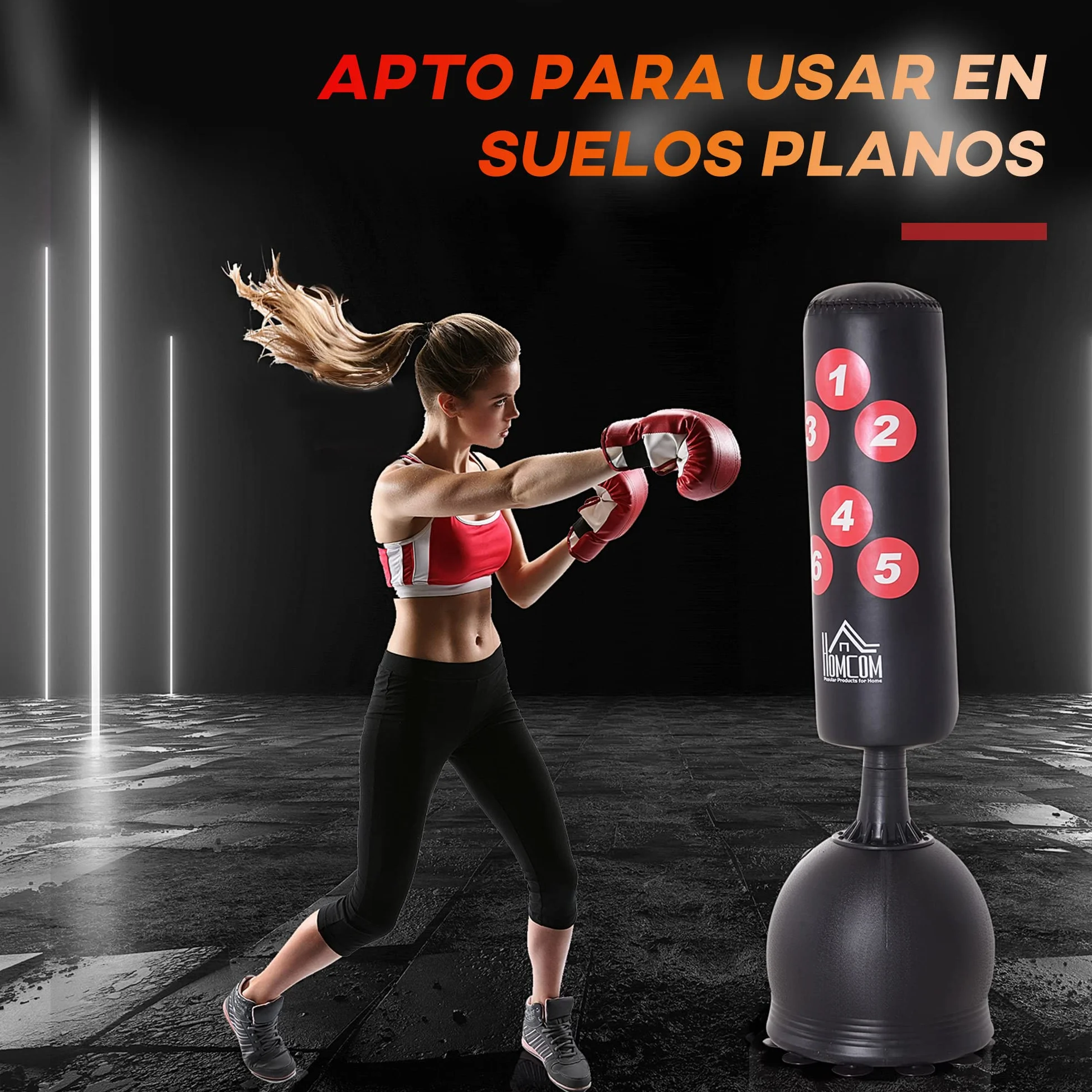 HOMCOM Saco de Boxeo de Pie 165 cm Base Rellenable Agua 22,5 kg Arena 27,5 kg Ventosas Goma Negro