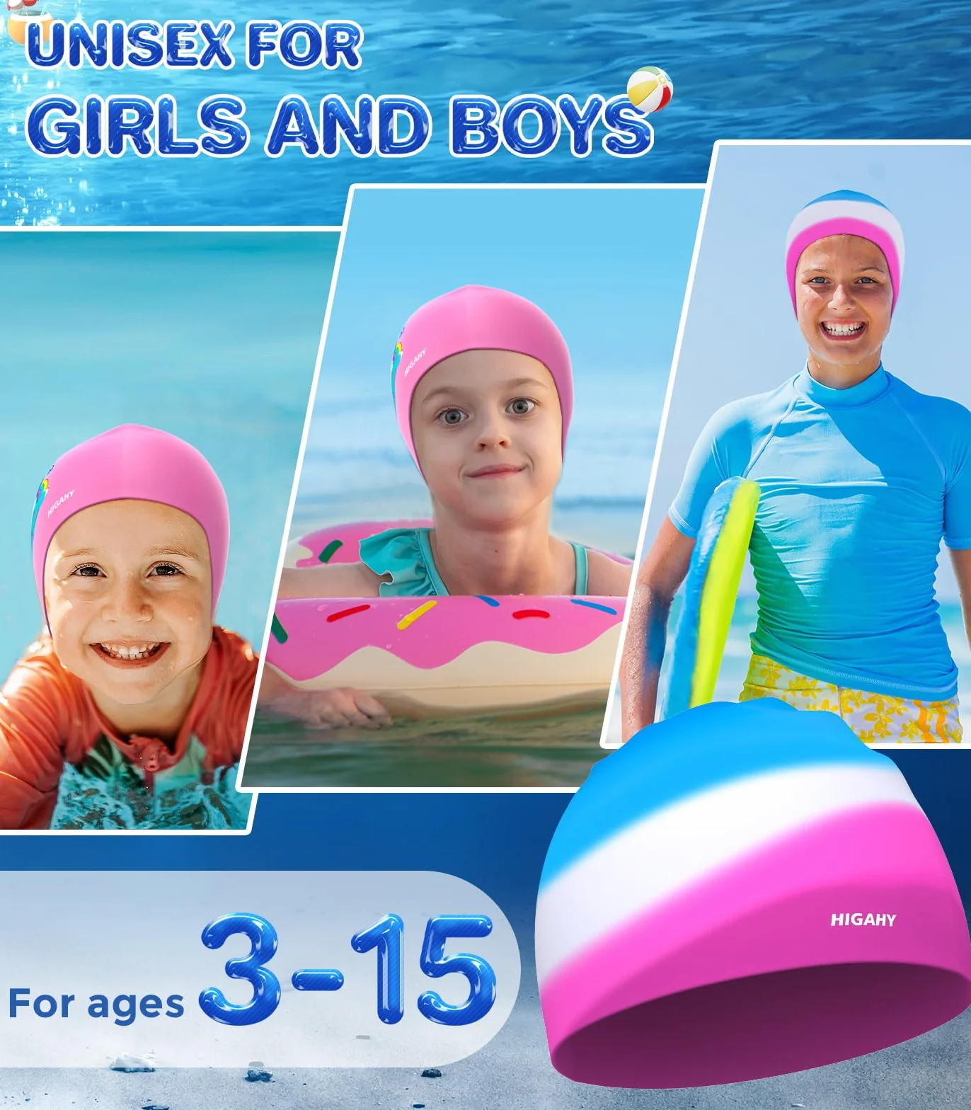 Gorro Piscina Niños de Silicona Impermeable con Protección UV para Nadar 3-15 Años