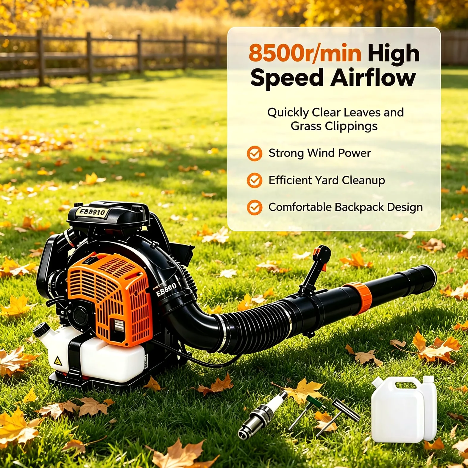 Soplador De Hojas De Gas 68cc, Filtración De Doble Capa 8500r/min | Soplador de hojas de gasolina con mochila de 2,2 L, mango de 180 grados, arnés ergonómico y ventilado(black)