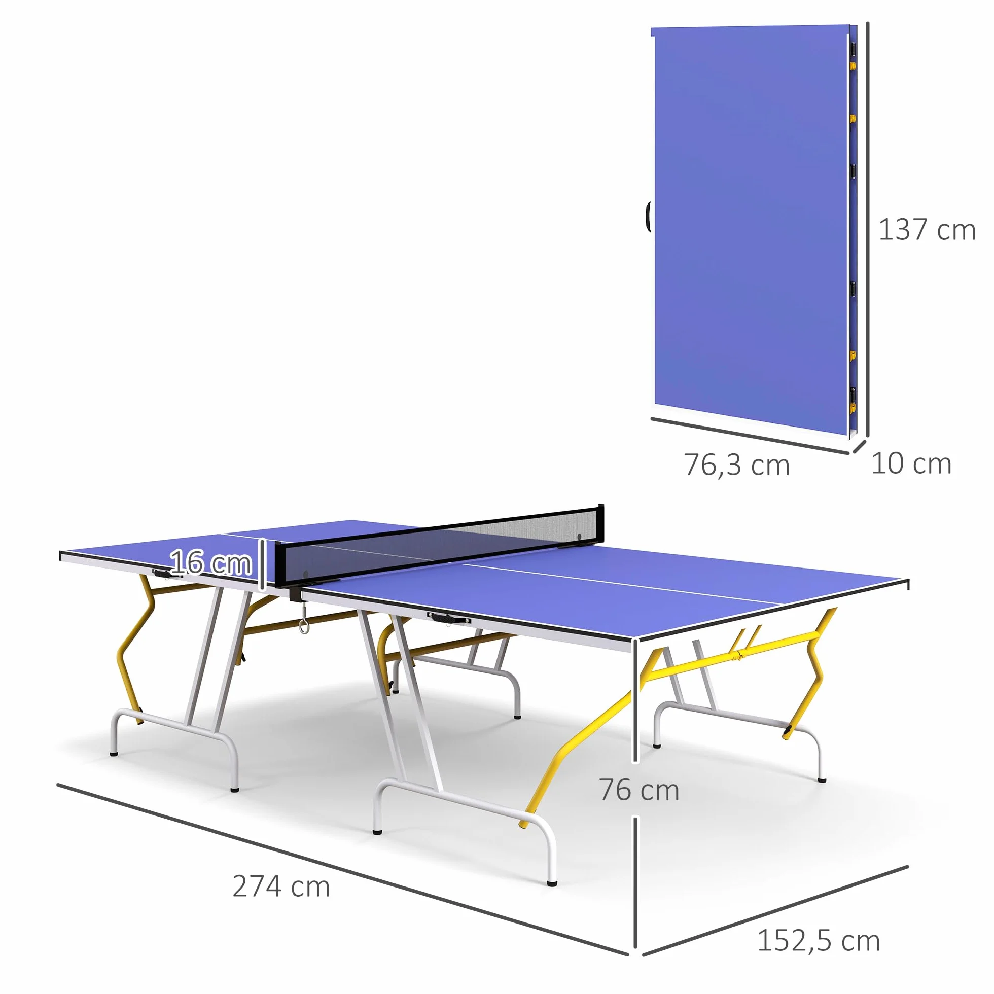 SPORTNOW Mesa de Ping-Pong Plegable con Red, Reposapiés Ajustables y Marco de Acero, 274x152,5x76 cm Azul