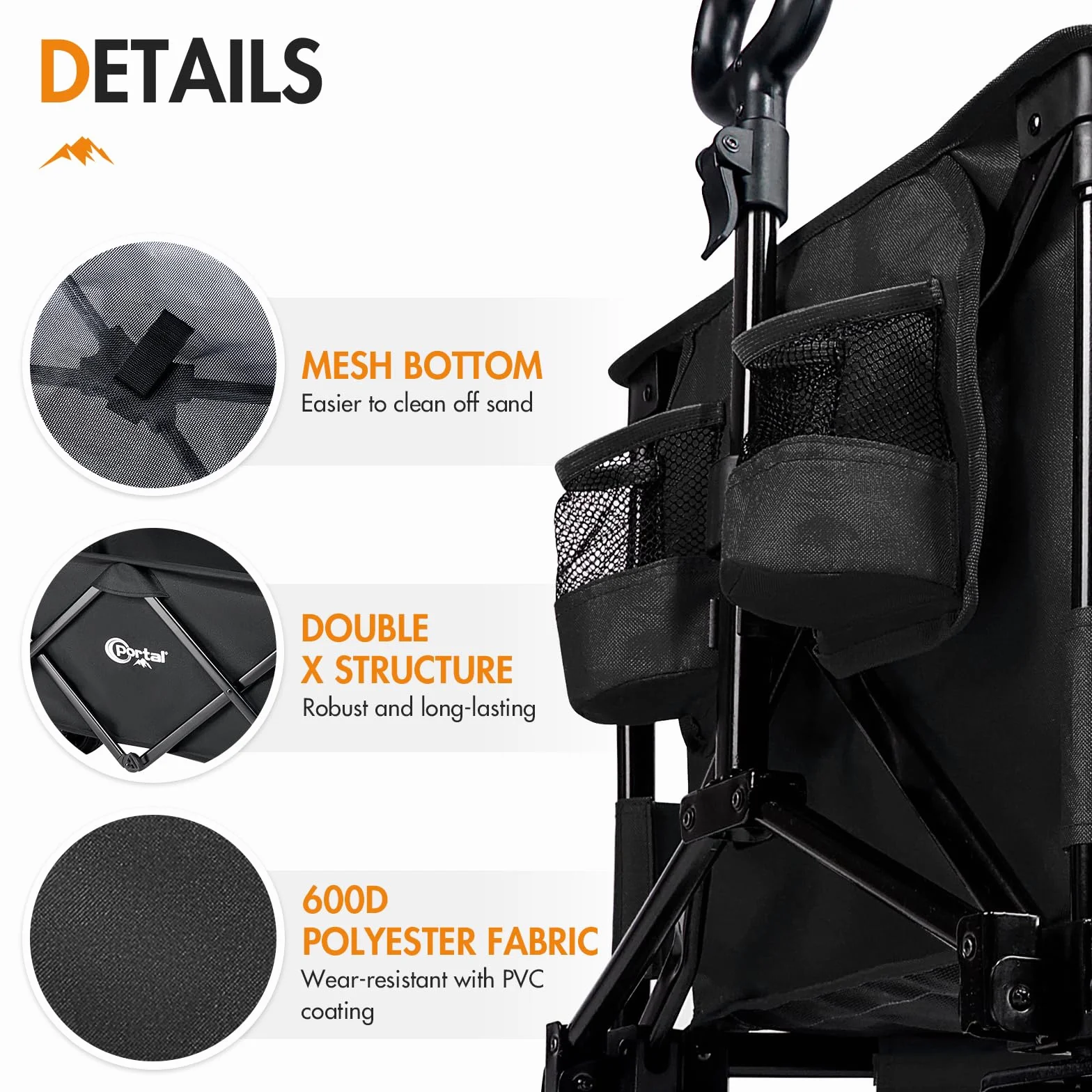 PORTAL Carro de Playa Camping Plegable con Frenos – Ruedas Anchas Todo Terreno, 300L Gran Capacidad, Puerta Trasera Ajustable, Alta Resistencia para Festival, Jardín, Compras