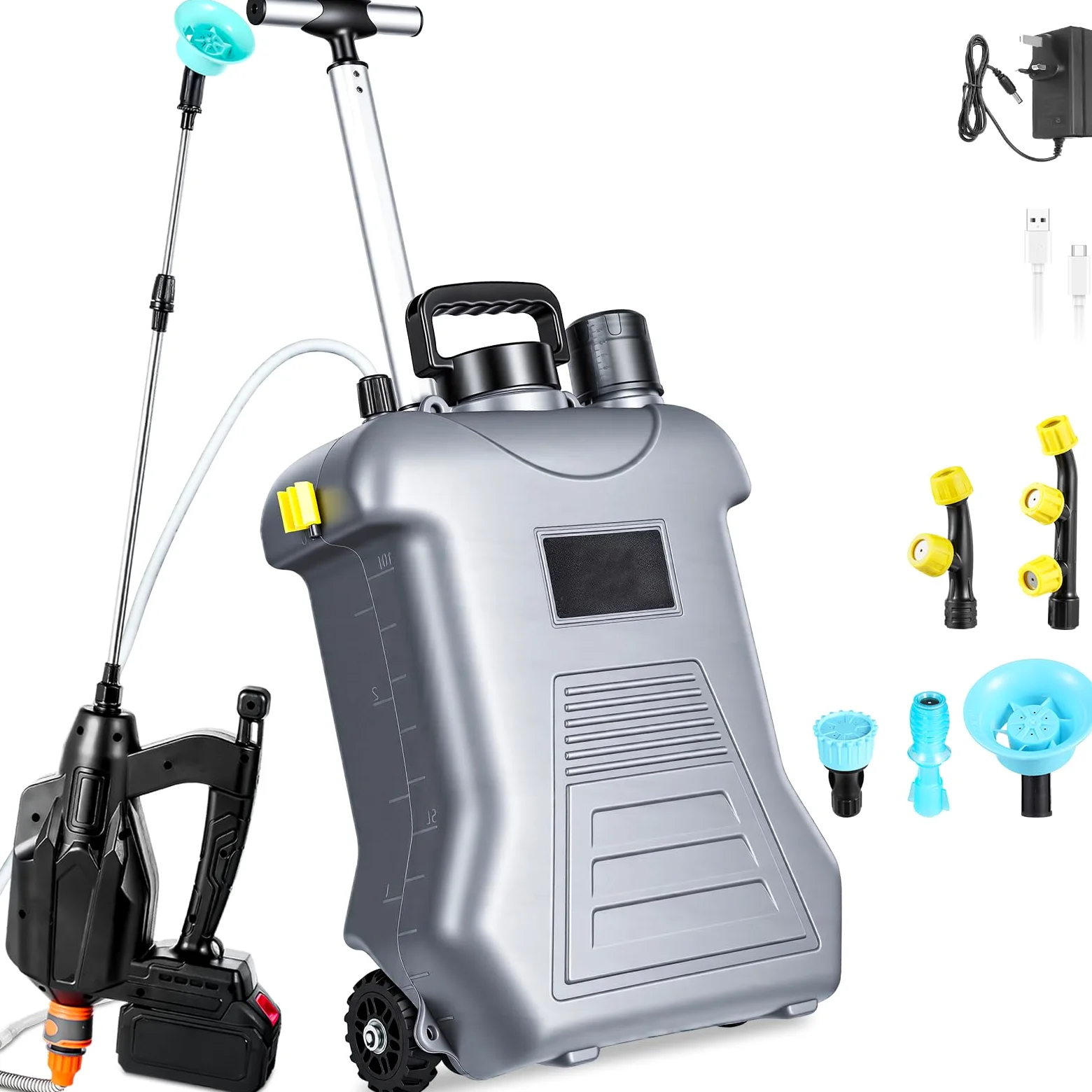 Pulverizador Eléctrico a Batería 15L con Carretilla, Mochila Sulfatadora de Jardín Compatible con 18V, Pulverizador de Presión con 3 Velocidades, Lanza Telescópica para Fumigación y Riego