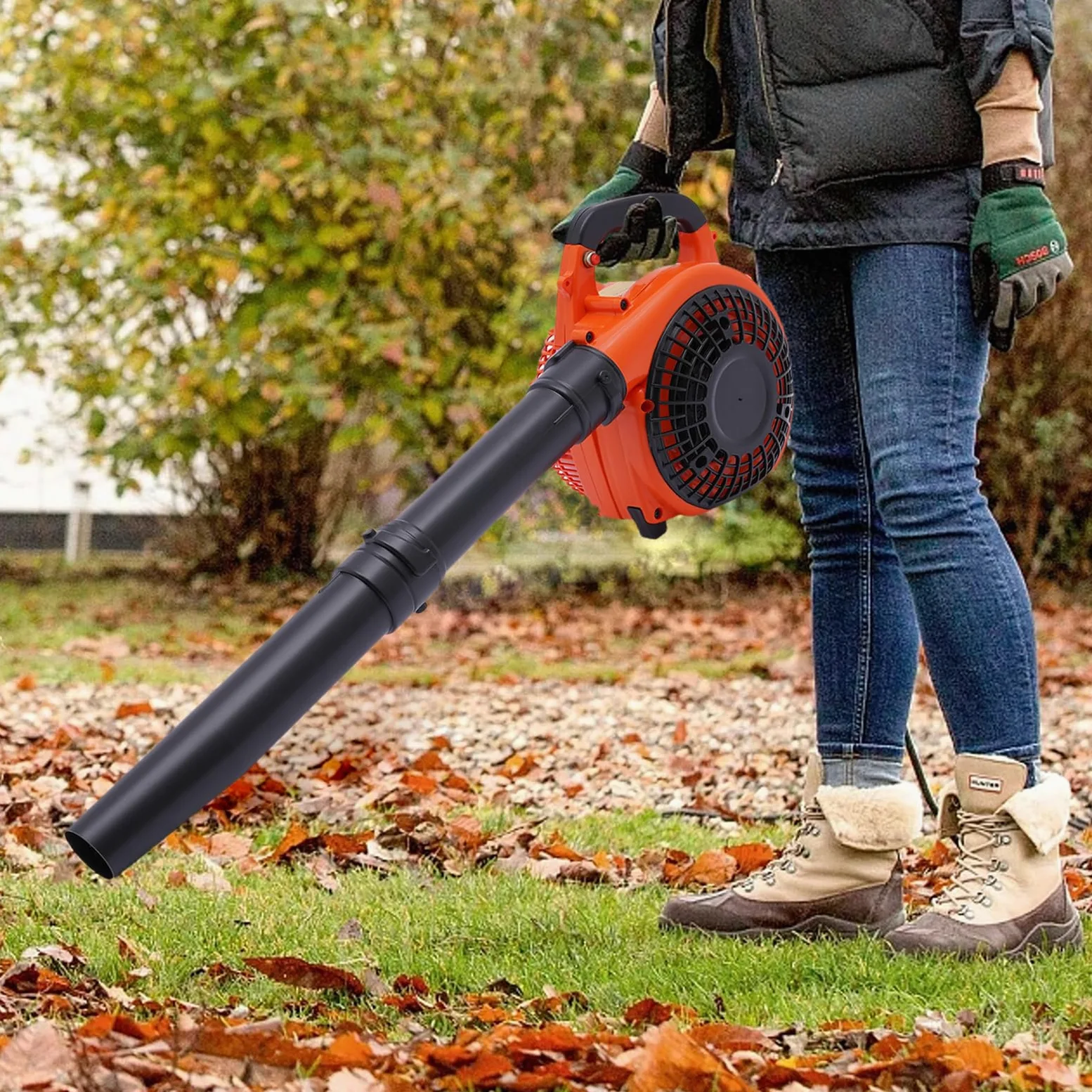 Soplador de hojas de gasolina, soplador de hojas de mano, motor de 2 tiempos, 0,75 kW, 7500 rpm, depósito de 0,9 L, 3,75 kg, dispositivo de mano con 2 tubos de soplado, para limpieza de jardín, patio