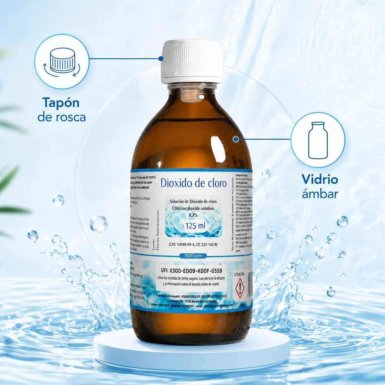 Dioxido de Cloro 3000ppm - CDS 0,3% - Envasado en Botella Cristal Ambar - Fabricado en España (125ml)
