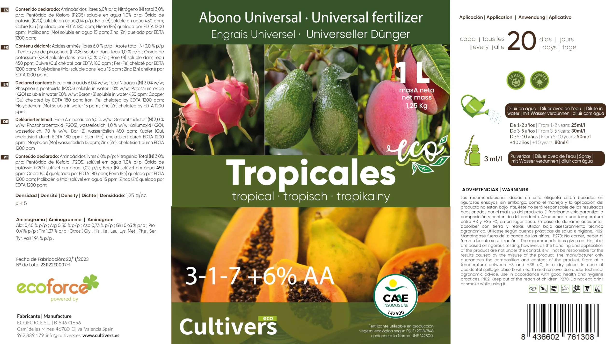 CULTIVERS Fertilizante Tropicales Ecológico 10 L. Abono Líquido 100% Orgánico. Mayor Rendimiento y Aumento