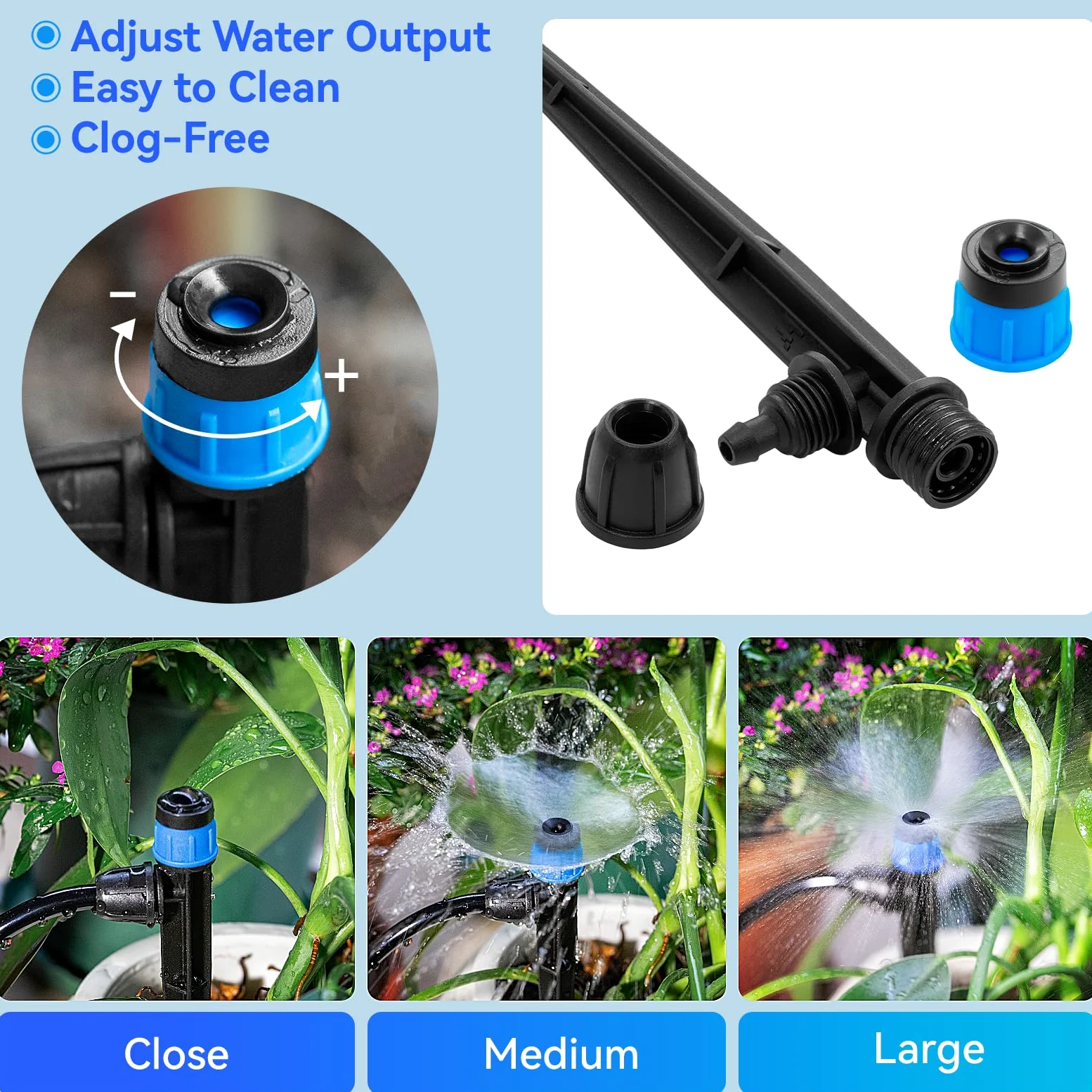 Goteros de riego por goteo ajustables Vortex: 20 unidades de emisores de riego con forma de abanico con estaca de flujo de agua con bloqueo de púas para tubos de 1/4 pulgadas para riego de jardín