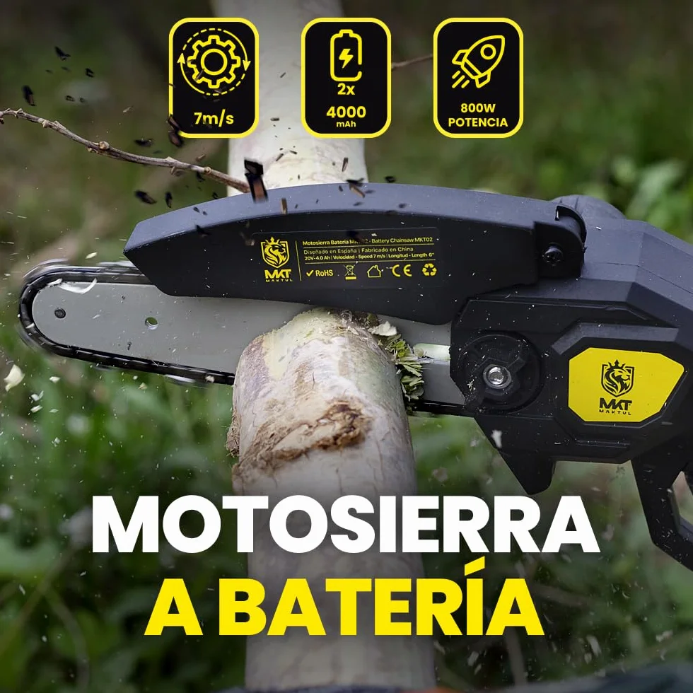 MAKTUL Mini Motosierra Bateria 6‘’/15cm, 8000 mAh (2 Baterías 4000mAh 20V), Sierra Eléctrica Cortar Podar Árboles Jardín, Motosierra de Mano con Accesorios Herramienta Jardinería Podadora Ramas Madera