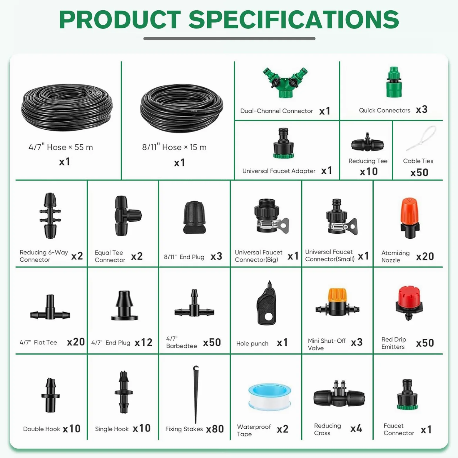 Sistema de riego Jardín 340 PCS Sistema de Riego por Goteo, 55 m + 15 m Kit Riego con Ajustable Boquilla Aspersor Pulverizador y Gotero Automatico para Jardin Invernadero Césped Patio Terraza