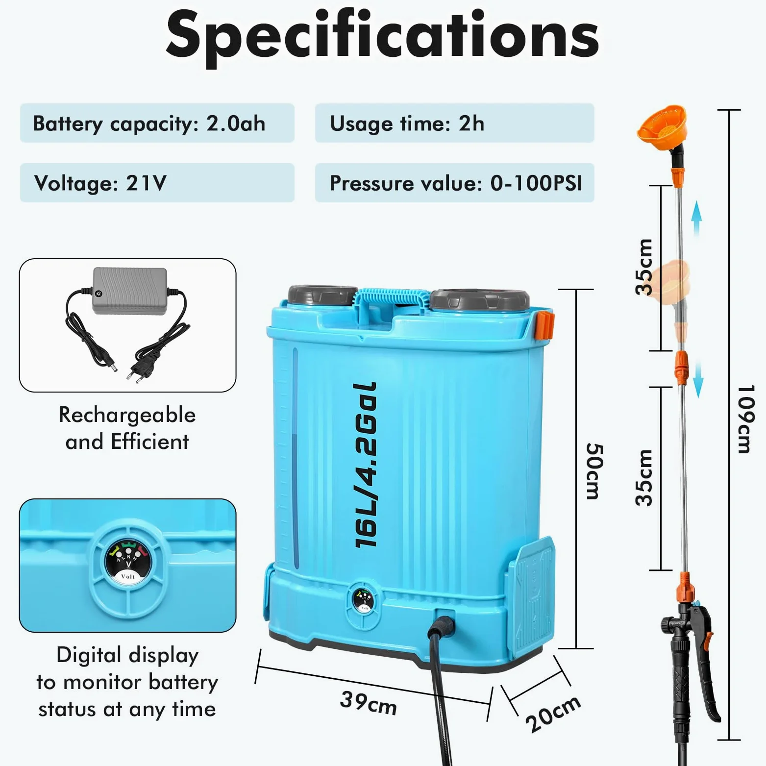Pulverizador Electrico 16L, 0-100 PSI Pulverizador Mochila Bateria con 7 Boquillas & Caña Telescópica, 2000mAh Batterie, Sulfatadora Electrica a Bateria para Césped Jardín Techo Patio