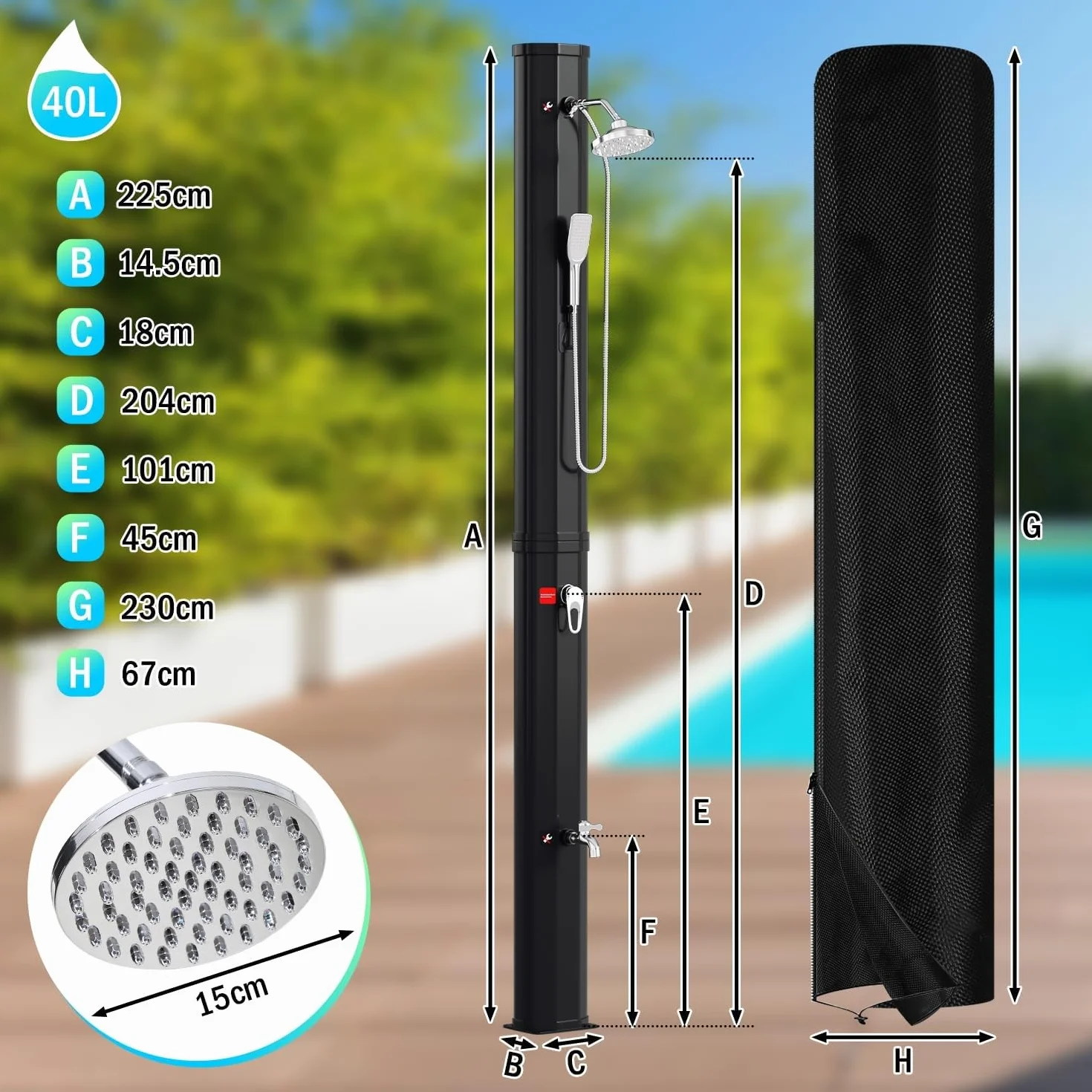 Ducha Solar de jardín de 40 l, Agua Caliente hasta 60 °C, sin conexión eléctrica, Ducha de Piscina, Camping con Ducha de pies y Cabezal de Ducha de Lluvia Giratorio, Incluye Material de