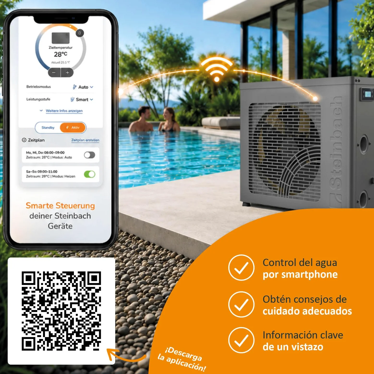 Steinbach Startis Style 049400Z - Bomba de Calor para Piscina de hasta 20.000 L 4,3 kW con Control por aplicación WiFi, Segura para Agua Salada, refrigerante R290 eficiente