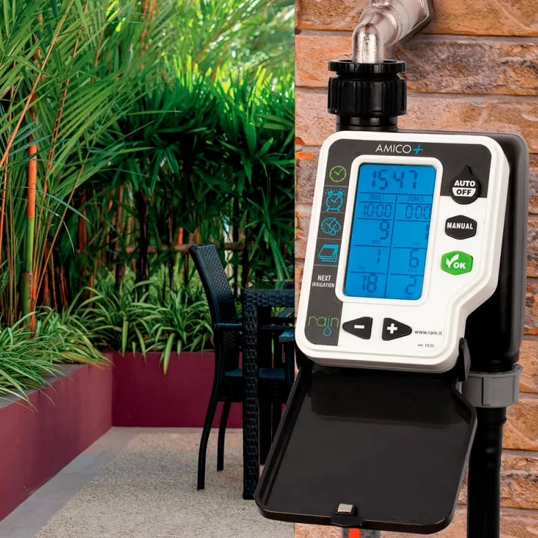 RIEGOPRO Programador de Grifo Rain Amico+. Disponible en 1 y 2 Zonas de Riego. Pantalla retroiluminada de 3" One Look Donde podrás Ver una visión inmediata de la programación. (2 Zonas)