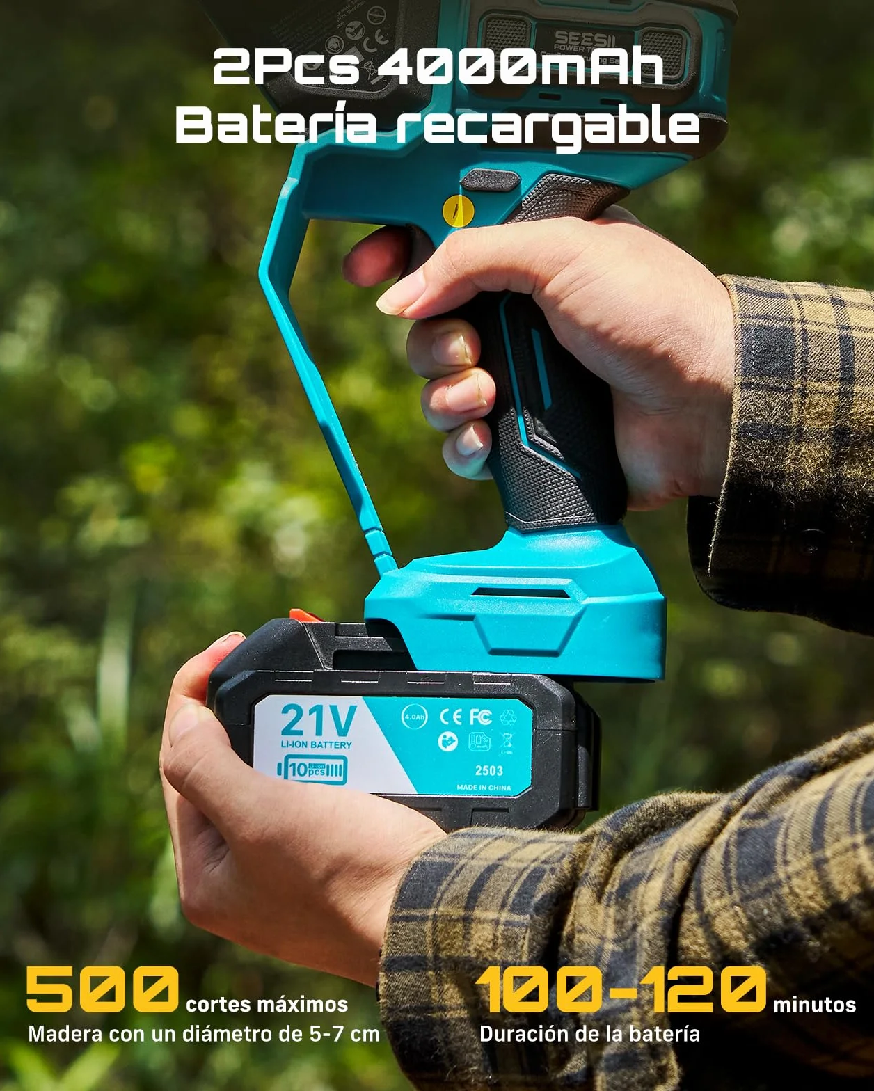 SEESII 6 & 8 Pulgadas Motosierra Bateria, 1000W Brushless, Mini Motosierra con 2*4000mAh Batería, Sierra Eléctrica para Podar con Lubricación Automática, Motosierras Pequeñas Árboles y Cortar Madera