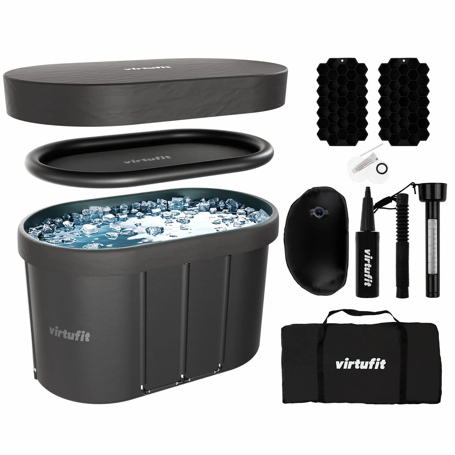 VirtuFit Baño de hielo ovalado de 500 l – Piscina de agua fría Ice Bath para regeneración y recuperación muscular, plegable, aislamiento de 5 capas, incluye accesorios, exterior e interior, antracita