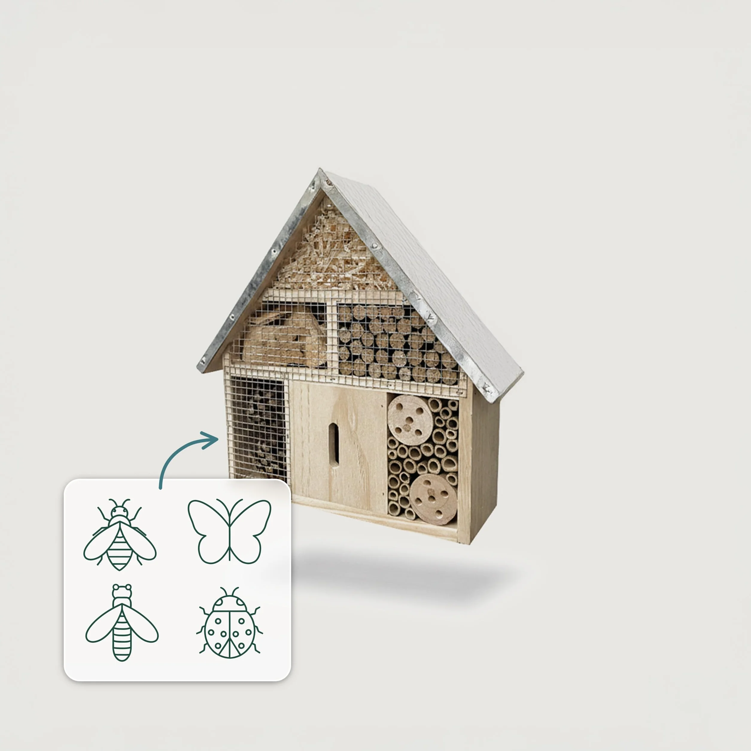 Relaxdays Hotel para Insectos en Madera con Techo Metálico Resistente, 28x30x9 cm, para Colgar, Natural/Plateado