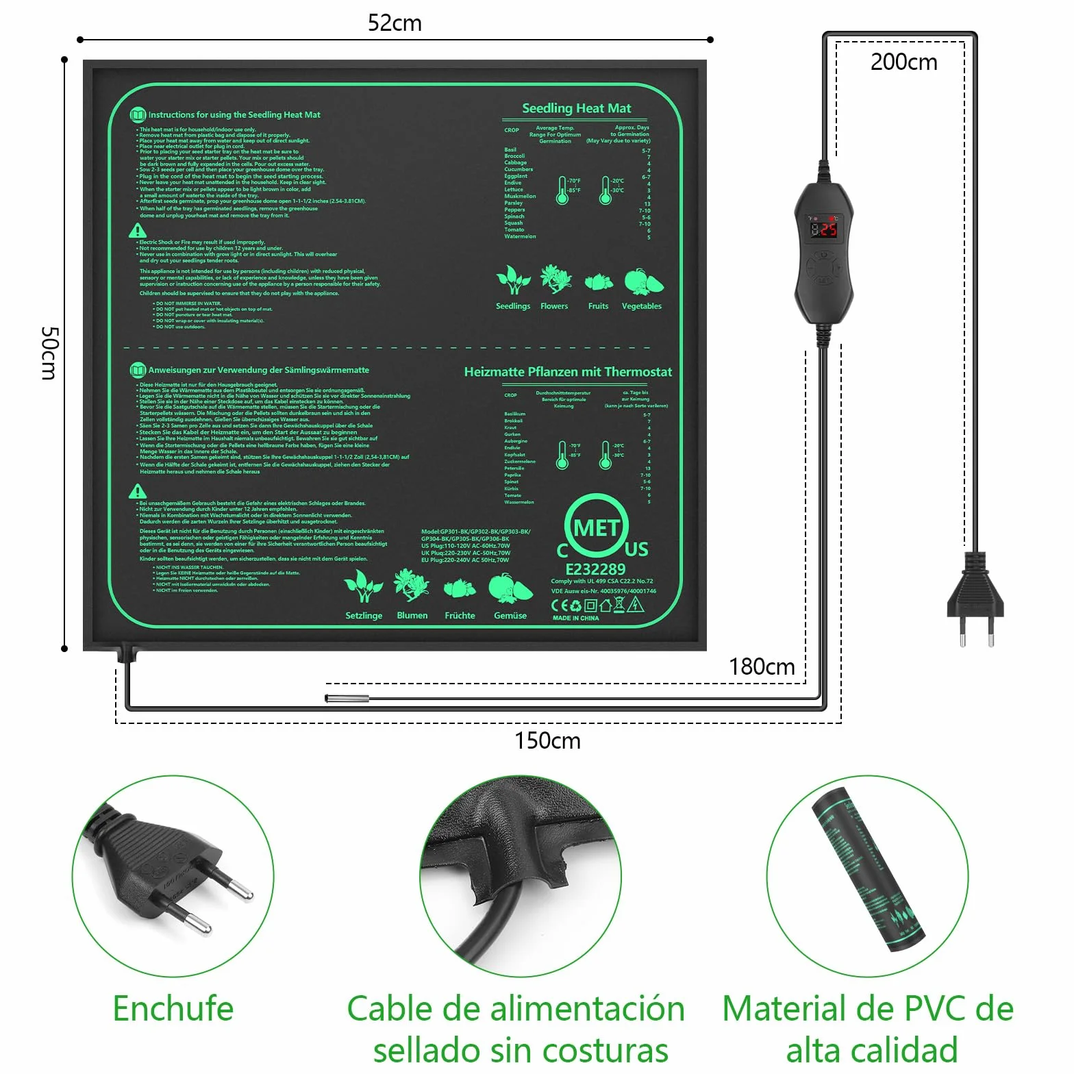 Alfombra Calefactora 70W con Termostato, 52×50cm Estera Térmica IPX4 Impermeable con Cable de Silicona y Algodón Punzonado, Temperatura Ajustable 20-45 °C para Semillas, Plantas y Reptiles