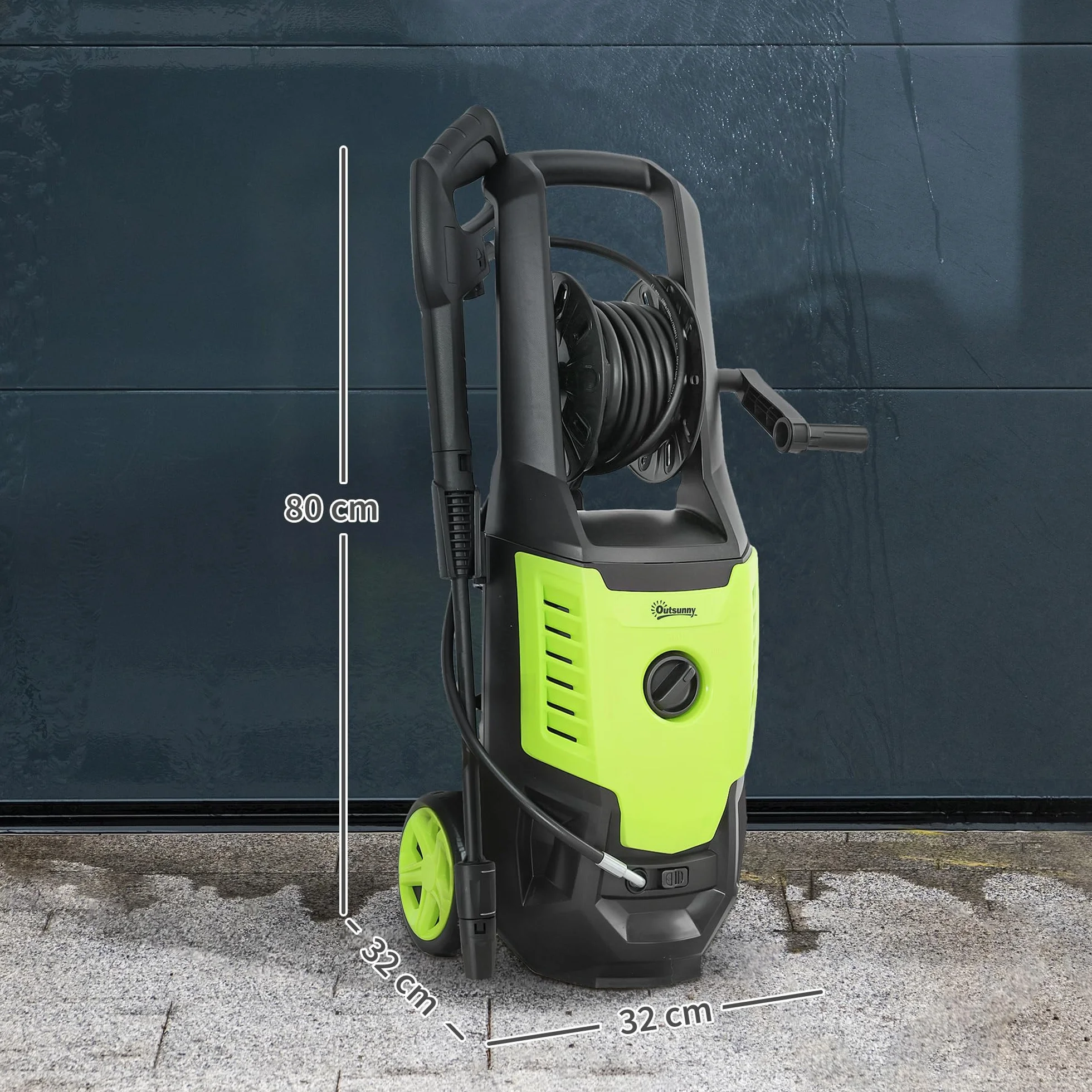 Outsunny Hidrolimpiadora de Alta Presión 2200W, Presión 170 Bar, Caudal 420 L/h, con Bomba de Aluminio, Parada Automática, Manguera de 6 m, Incluye Botella de Espuma y Boquilla Ajustable Verde y Negro