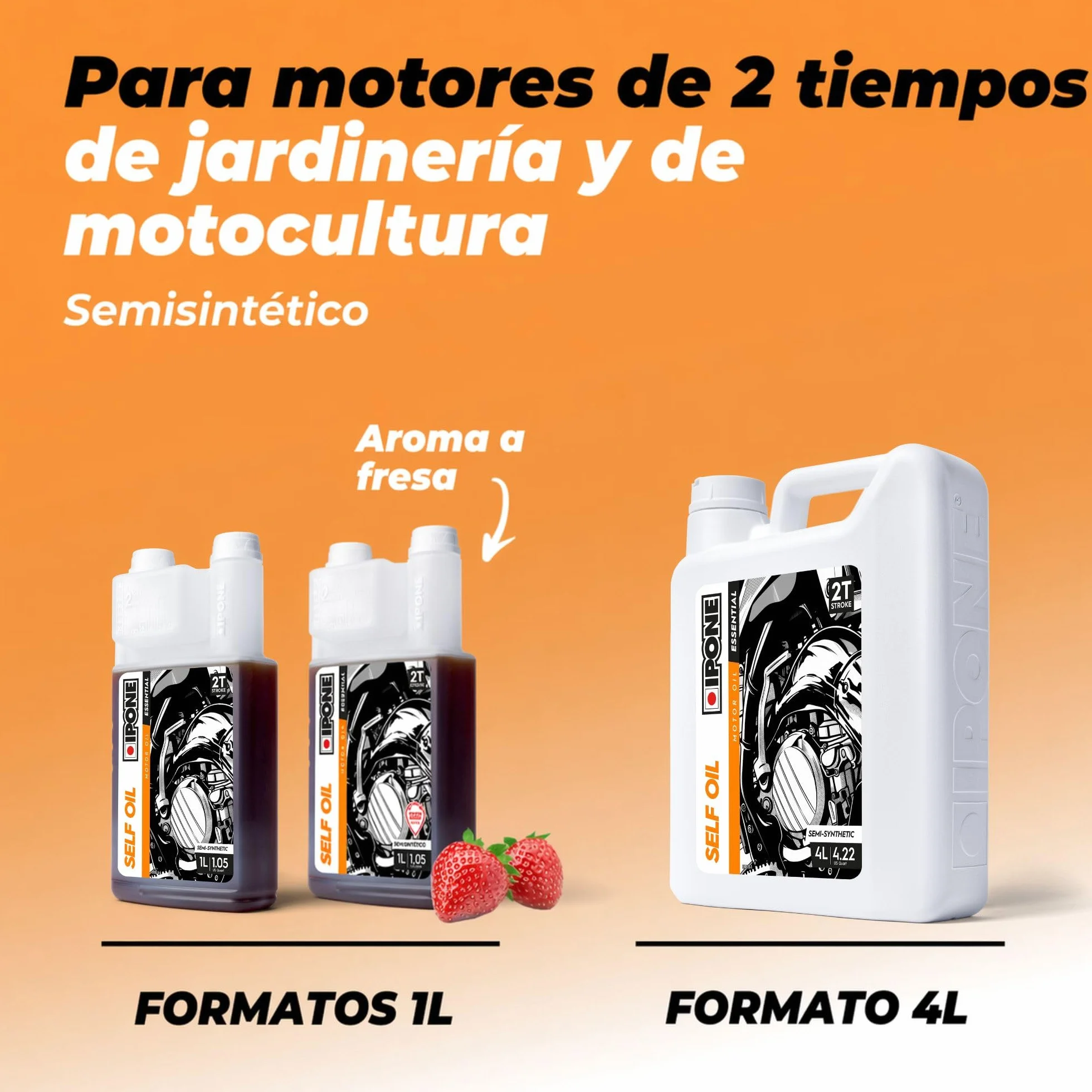 IPONE – Aceite para Motor 2 Tiempos Self Oil – Aroma Fresa - Bidón dosificador 1 Litro - Semisintético - Gama Essential - Para todo tipo de motores 2 tiempos - Protección del motor