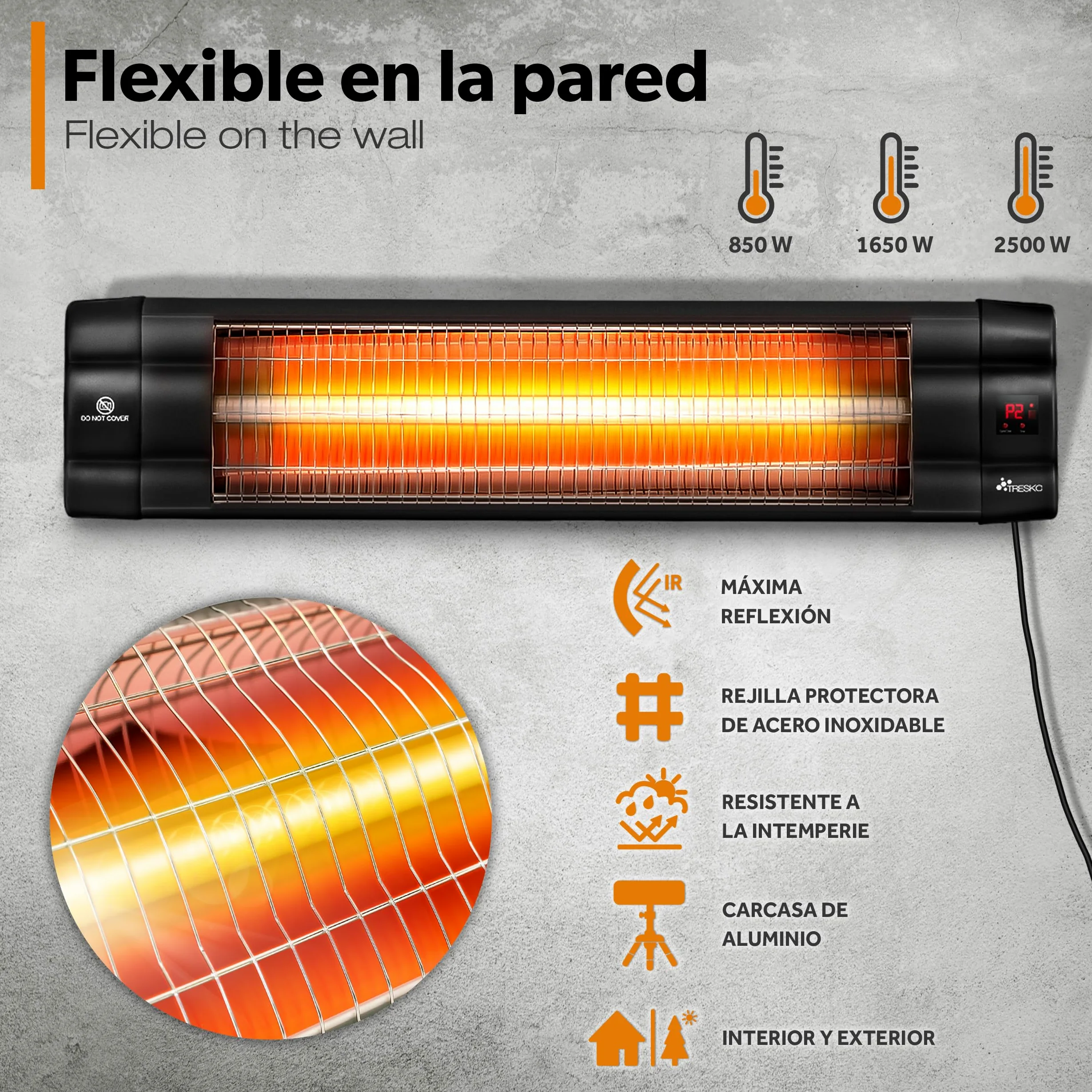 TRESKO Calefactor por Infrarrojos 2500W Control Remoto Estufa Radiante 3 Temperaturas Radiador Eléctrico Exterior Interior Calentador Altura Regulable Negro