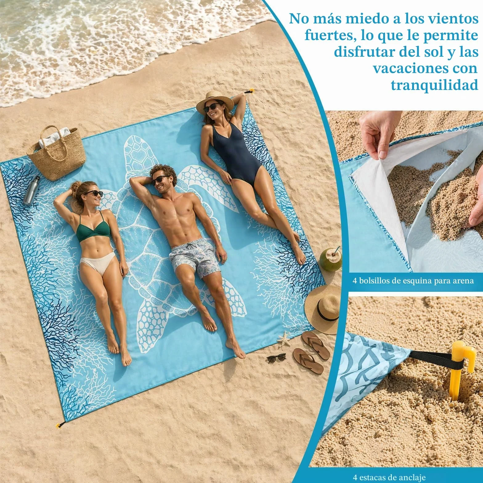 XXL Grande Manta de Playa Impermeable Alfombra de Playa Resistente a la Arena Esterilla de Playa 180x200cm Manta de Pícnic Camping y Playa 4 Estacas Gancho y Bolsa de Almacenamiento Portátil
