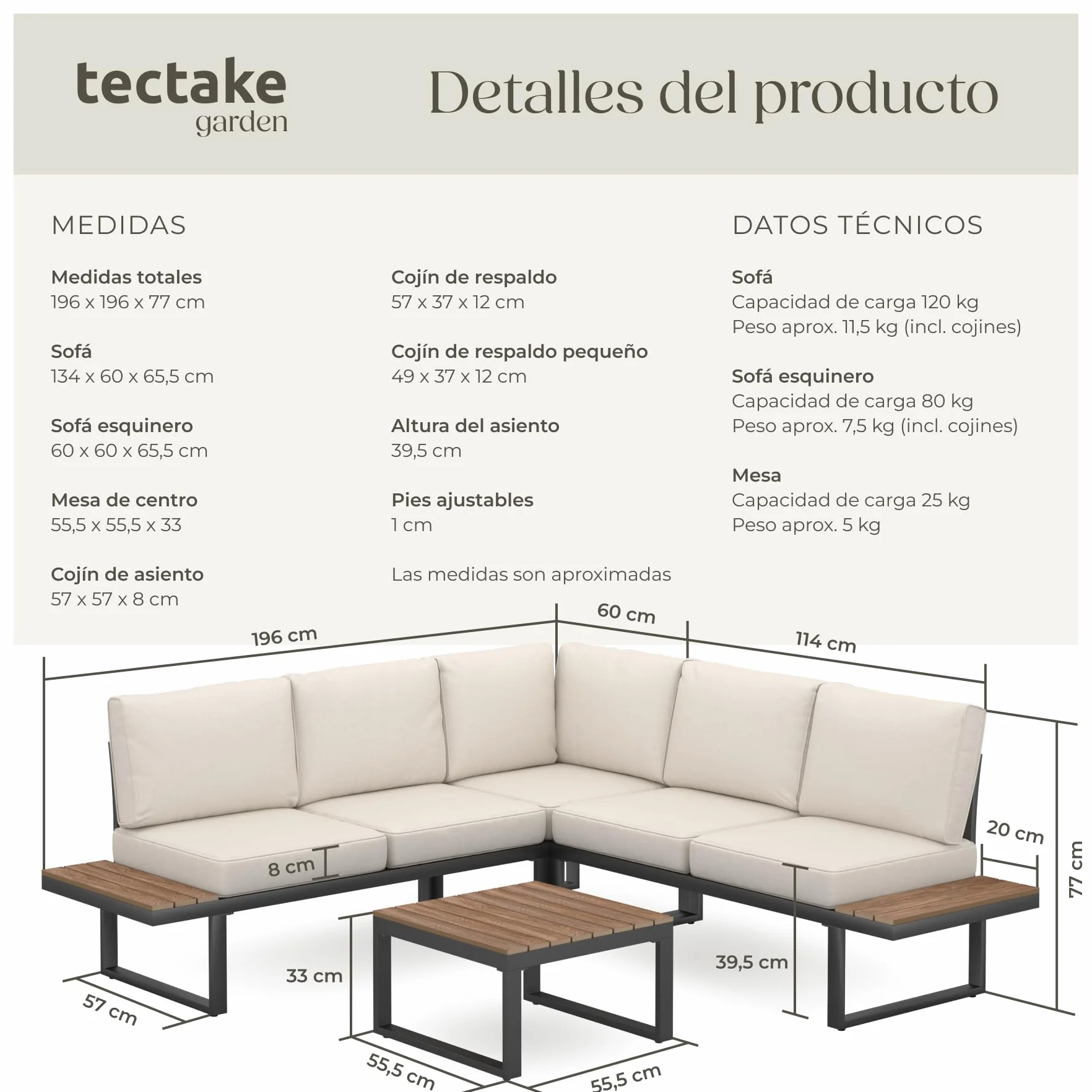 tectake® Conjunto de Muebles Jardin Exterior 4 Piezas, sofá Exterior, Aluminio Resistente a la Intemperie, Cojines extragruesos, Fundas extraíbles, Conjunto Jardin Exterior - Negro