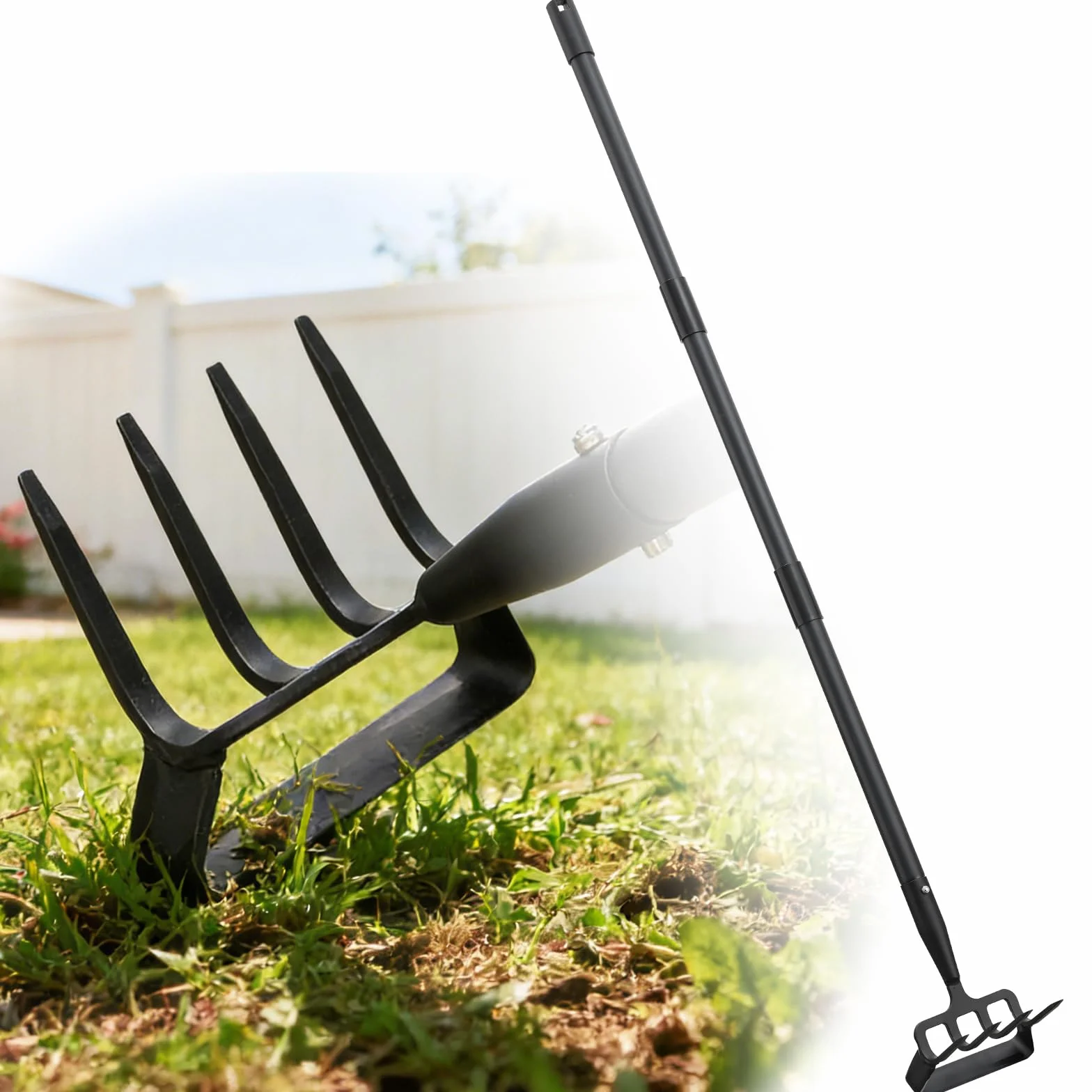 Azada de jardín 2 en 1, estribo y cultivador para deshierbar, tallo largo, ligero de pie push-pull hula, rastrillo de escarda para airear, cultivar y excavar (120 cm)