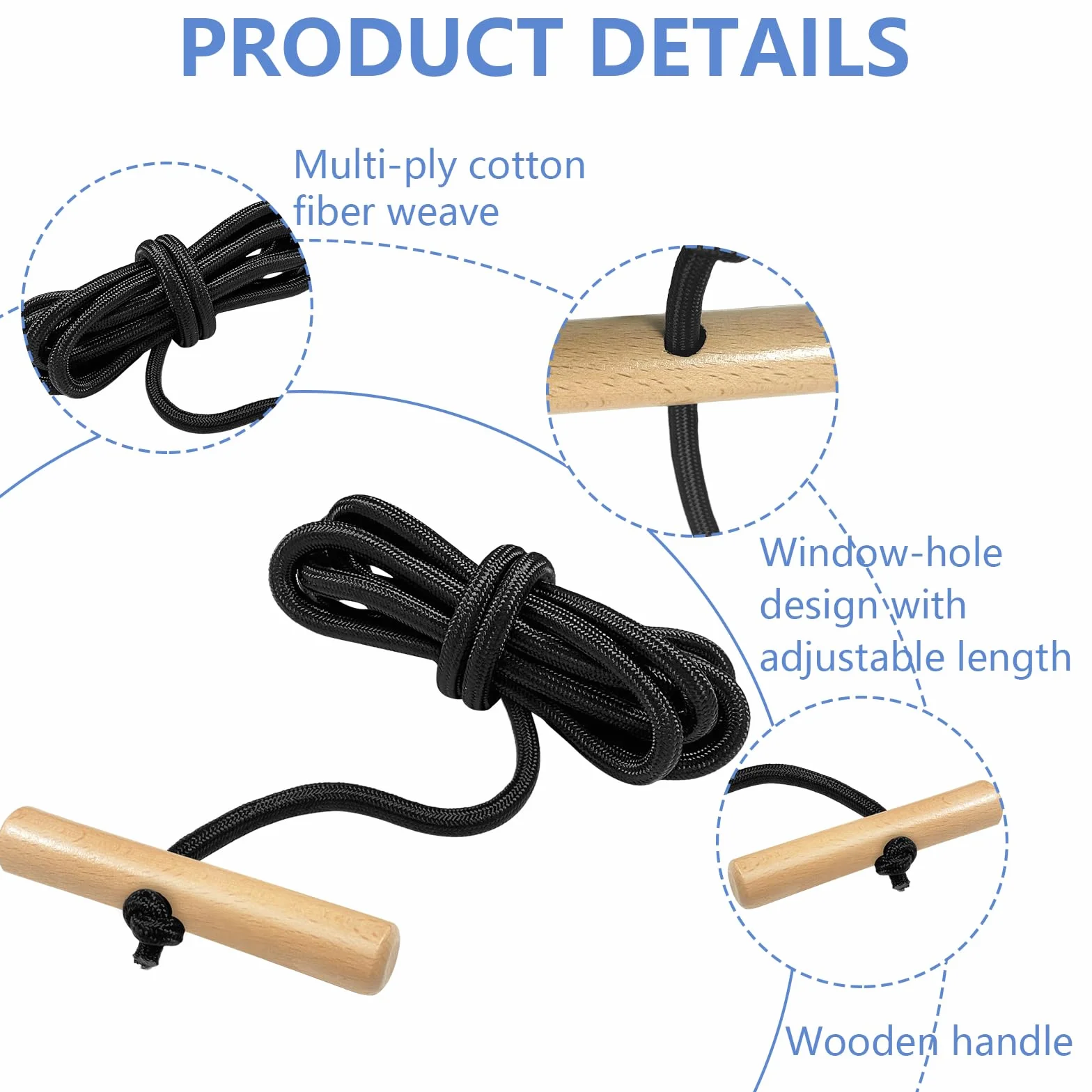 Cuerda de Trineo 1.97m con Mango de Madera, Accesorios de Tracción 5.5mm Negro