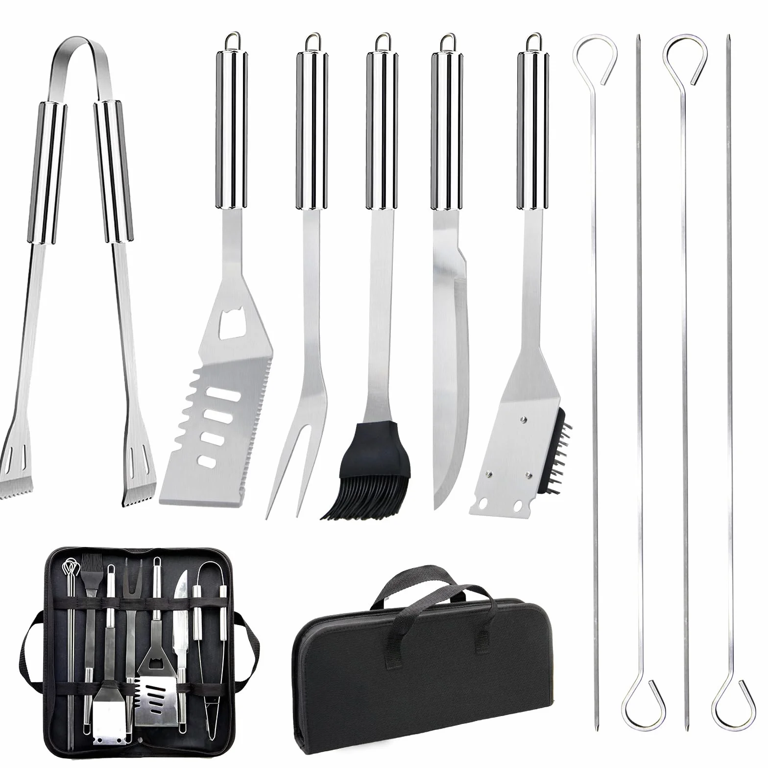 JUAUO 11Pcs Juego de Utensilios Barbacoa de Acero Inoxidable Profesionales Accesorios Barbacoas - Kit Barbacoa Prácticas con Bolsa Portatil - Herramientas Parrilla BBQ para Camping Picnic Exterior